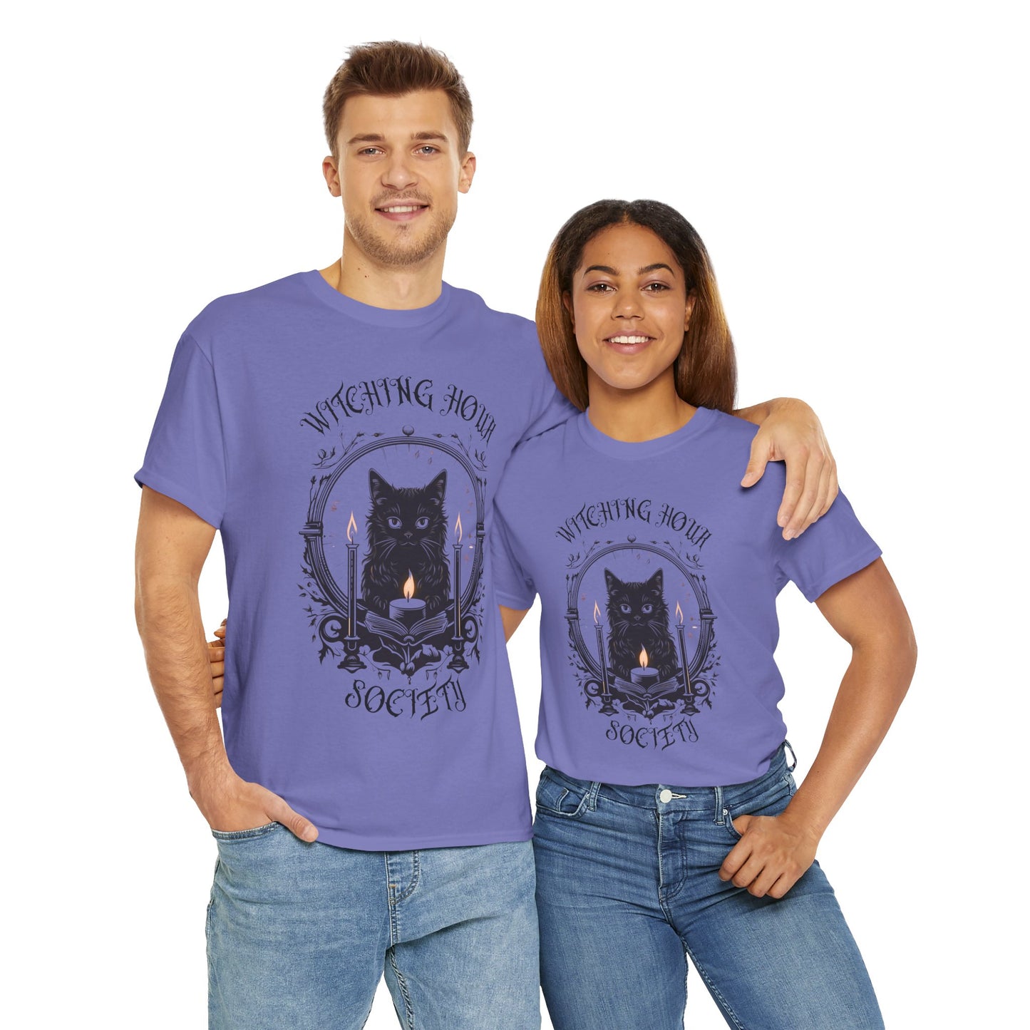 'Witching Hour Society' Cat Cat Tee Shirt- Unisex Heavy Cotton T-Shirt for Book Lovers, Reader, Gothic, Midnight, Scary, Creepy, Halloween