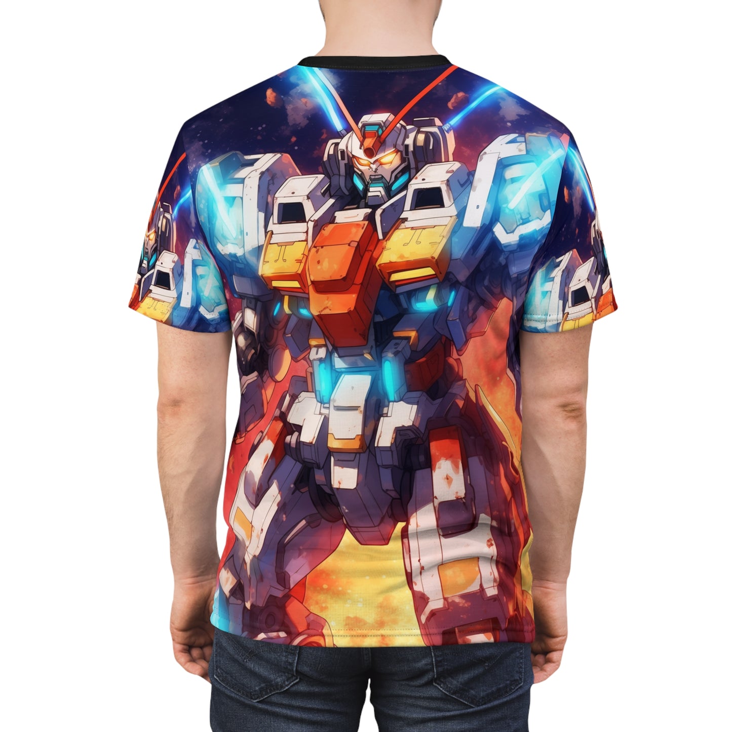 Galactic Mecha Core Breach Energy Unisex AOP Tee - Vibrant Sci-Fi Robot Graphic Shirt, Gundam, Evangelion, Battle Suit, Armor