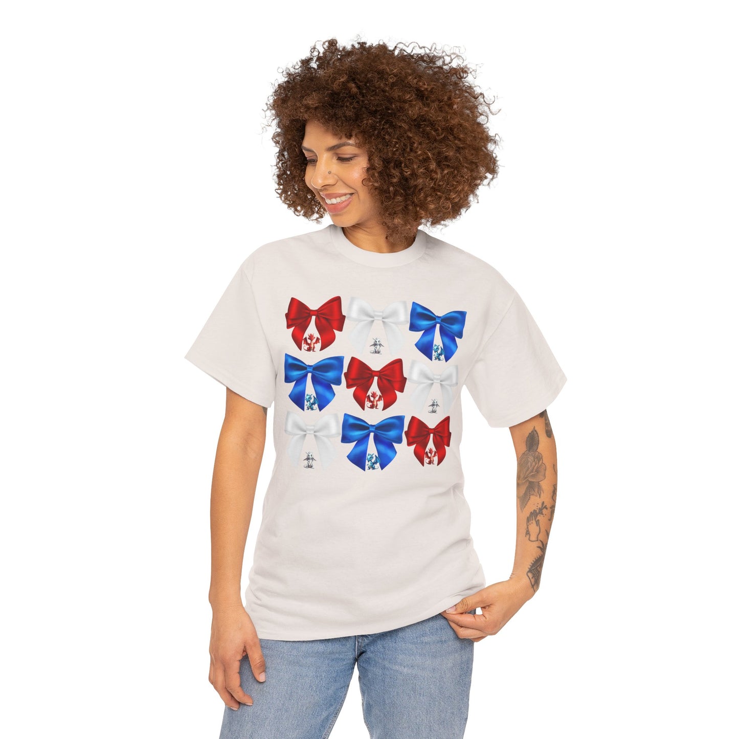 Coquette Red, White, and Blue Dragons & Bows Tee - American Flag, Perfect for Patriotic Events, Independence Day, BBQs, Family Gatherings, DND, RPG, TTRPG, Roleplaying, Geek, Nerd, 4th of July