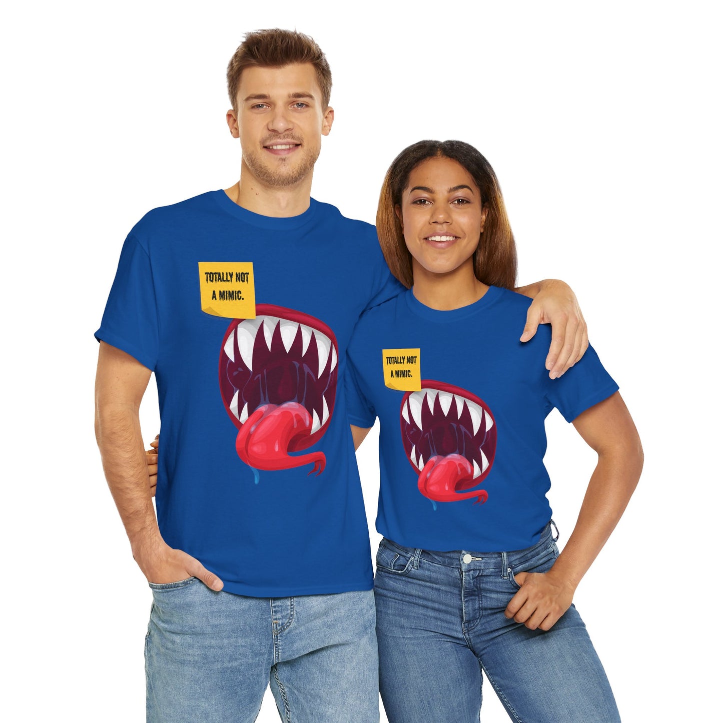 Funny Unisex Heavy Cotton Tee Shirt - "Totally Not a Mimic" Monster Mouth Design, D&D, DND, RPG, TTRPG, Roleplaying, Geek, Nerd, Teeth, Tongue