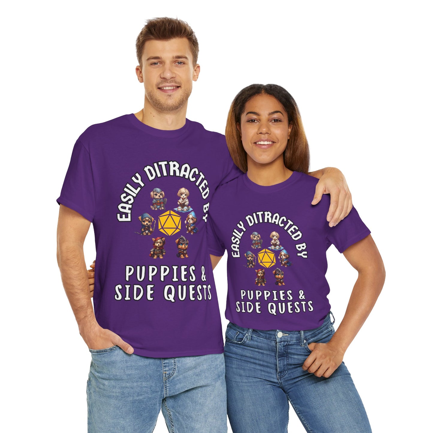 'Easily Distracted by Puppies & Side Quests' Unisex Heavy Cotton Tee Shirt - Shirt for Dog Lovers, DND, RPG, TTRPG, Roleplaying Game, Geek, Nerd