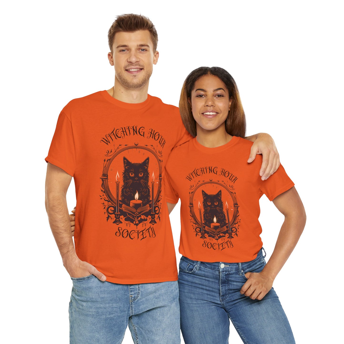 'Witching Hour Society' Cat Cat Tee Shirt- Unisex Heavy Cotton T-Shirt for Book Lovers, Reader, Gothic, Midnight, Scary, Creepy, Halloween