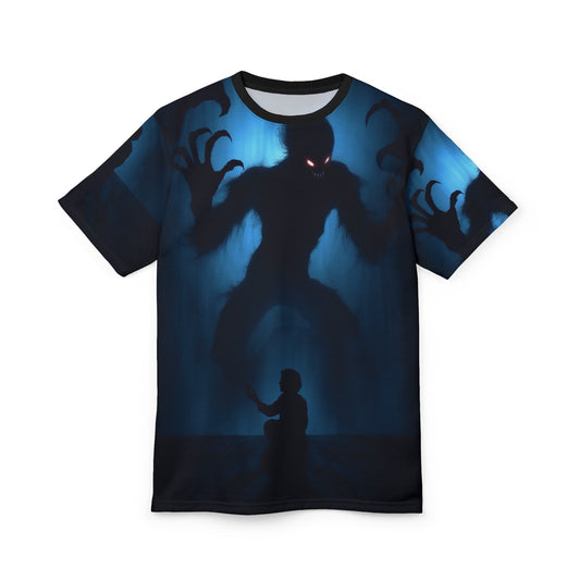 The Possession Chilling Shadows AOP Unisex Tee - Spooky Graphic T-Shirt for Halloween & Horror Fans, Scary, Creepy