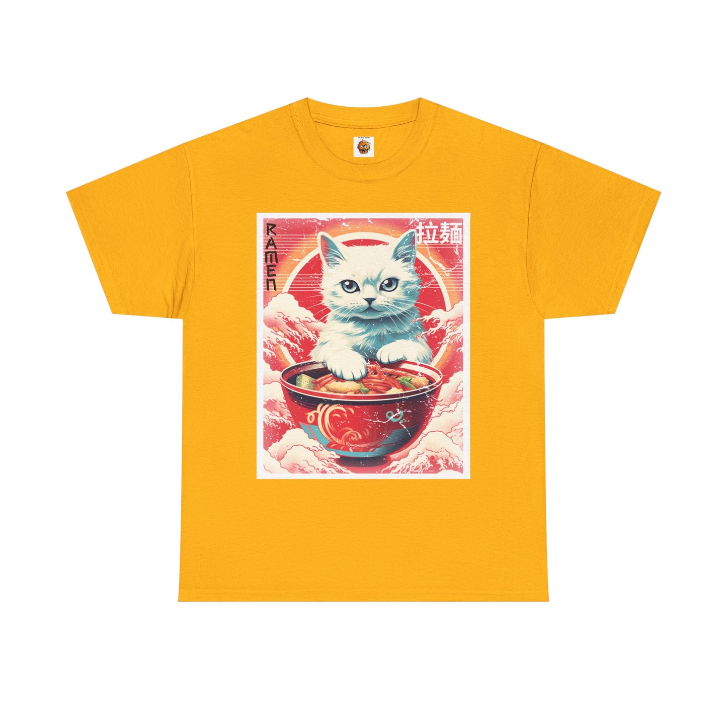 Cute Kawaii Anime Cat Eating Ramen Unisex Heavy Cotton Tee Shirt T-Shirt - Perfect for Animal Lovers and Foodies, Vintage Ad Style, Geek, Nerd