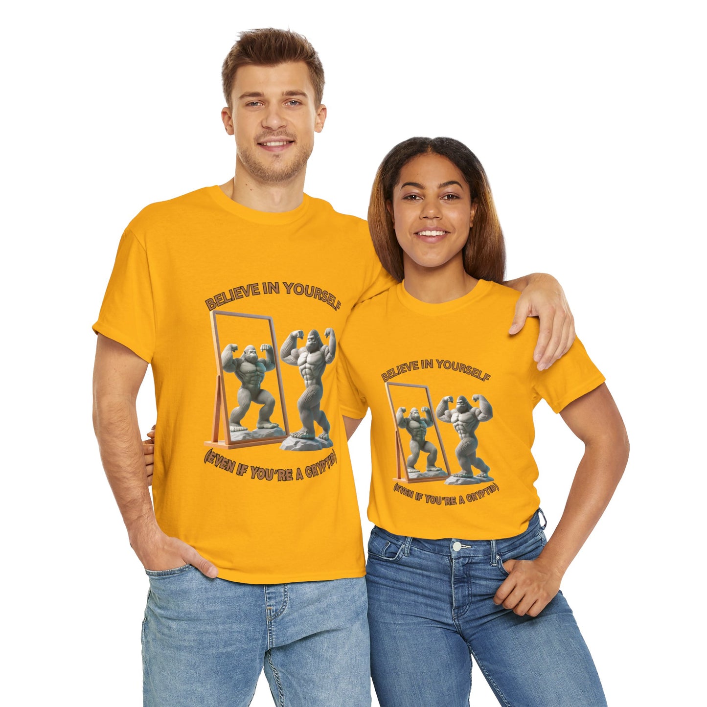 Funny 'Believe In Yourself Even If You're A Cryptid' Bigfoot Motivational Unisex Heavy Cotton Tee | Fitness Inspiration | Gift for Gym Lovers, Paranormal, Aliens, Geek, Nerd