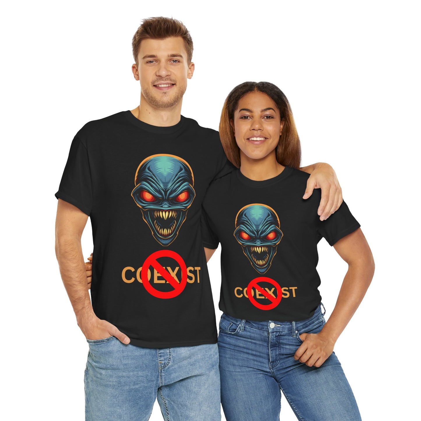 Sci-Fi Coexist No Unisex Heavy Cotton Tee - Cool Alien Head Graphic T-Shirt, Invader, Geek, Nerd