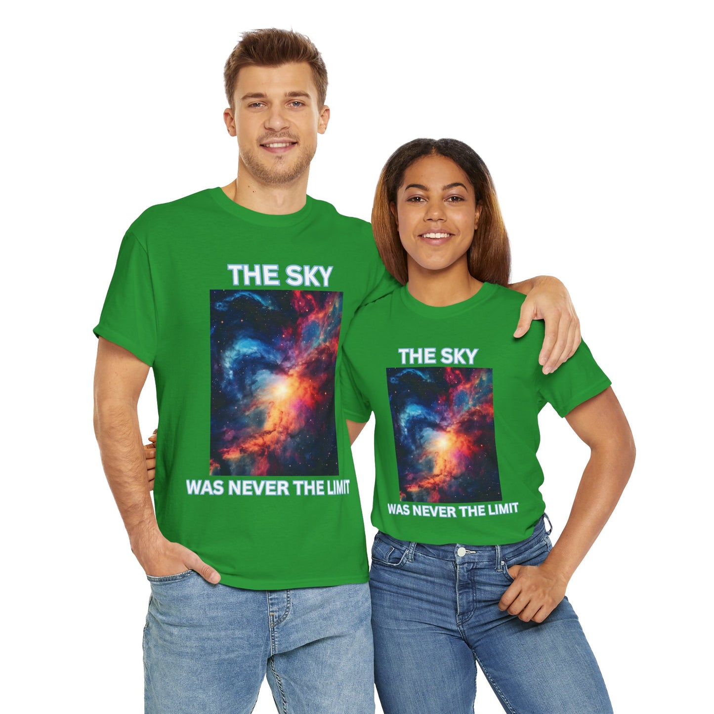 Unisex Heavy Cotton Tee Shirt - 'The Sky Was Never The Limit' Inspirational Galaxy Print, Geek, Nerd, Space
