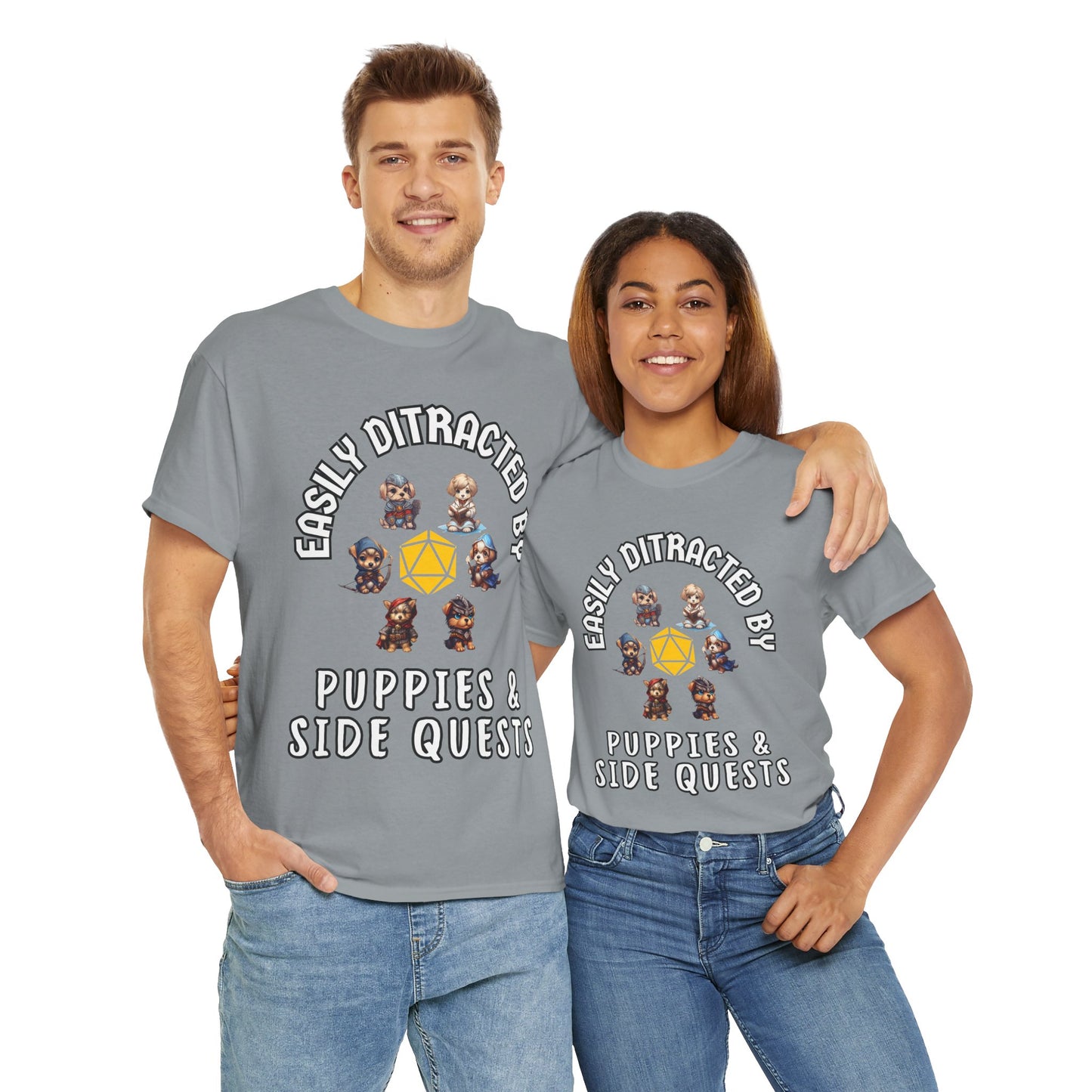'Easily Distracted by Puppies & Side Quests' Unisex Heavy Cotton Tee Shirt - Shirt for Dog Lovers, DND, RPG, TTRPG, Roleplaying Game, Geek, Nerd