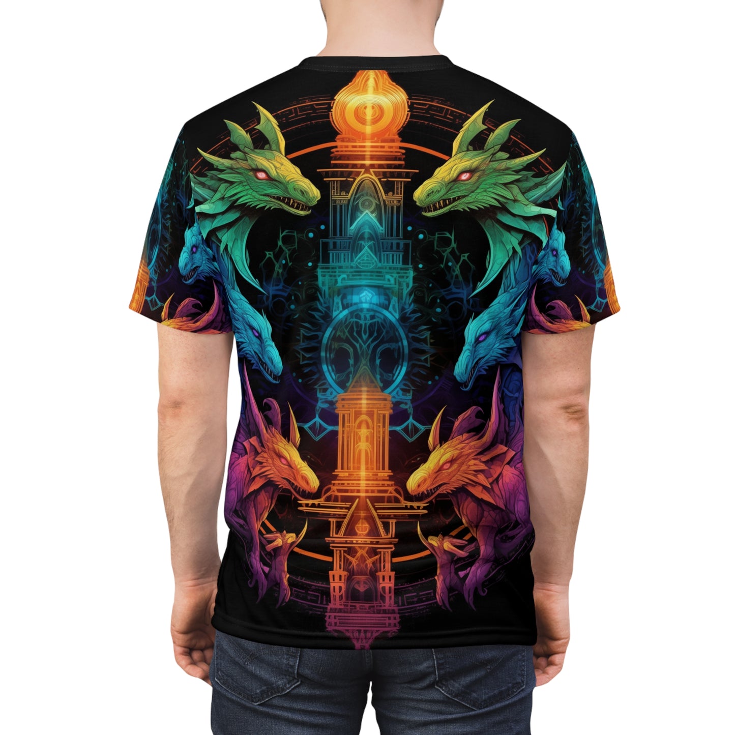 Ancient Council of Dragons AOP Unisex Tee - Colorful Fantasy Graphic Shirt, Ruined Temple, Elemental, DND, RPG, TTRPG, Geek, Nerd