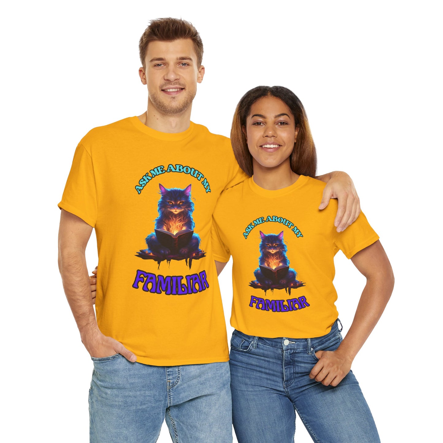 'Ask Me About My Familiar' Mystical Cat Enamel Tee, Cute Animal T-Shirt, Gift for Cat Lovers, Fun Graphic Tee, Witch, DND, RPG, TTRPG, Geek, Nerd