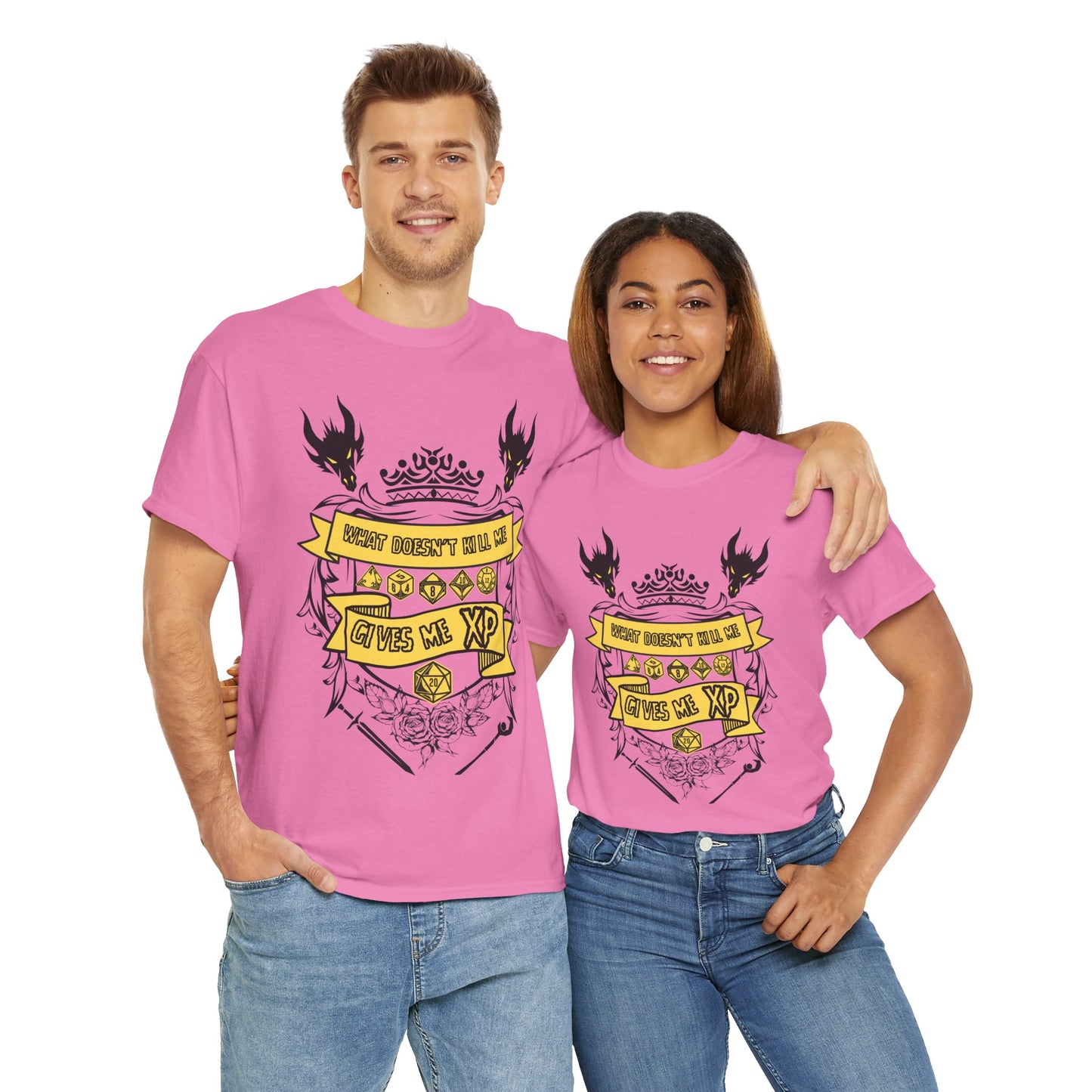 'What Doesn't Kill Me Gives Me XP' Dungeons and Dragons DND Unisex Heavy Cotton Tee Shirt T-Shirt - RPG, TTRPG, Roleplaying, Geek, Nerd