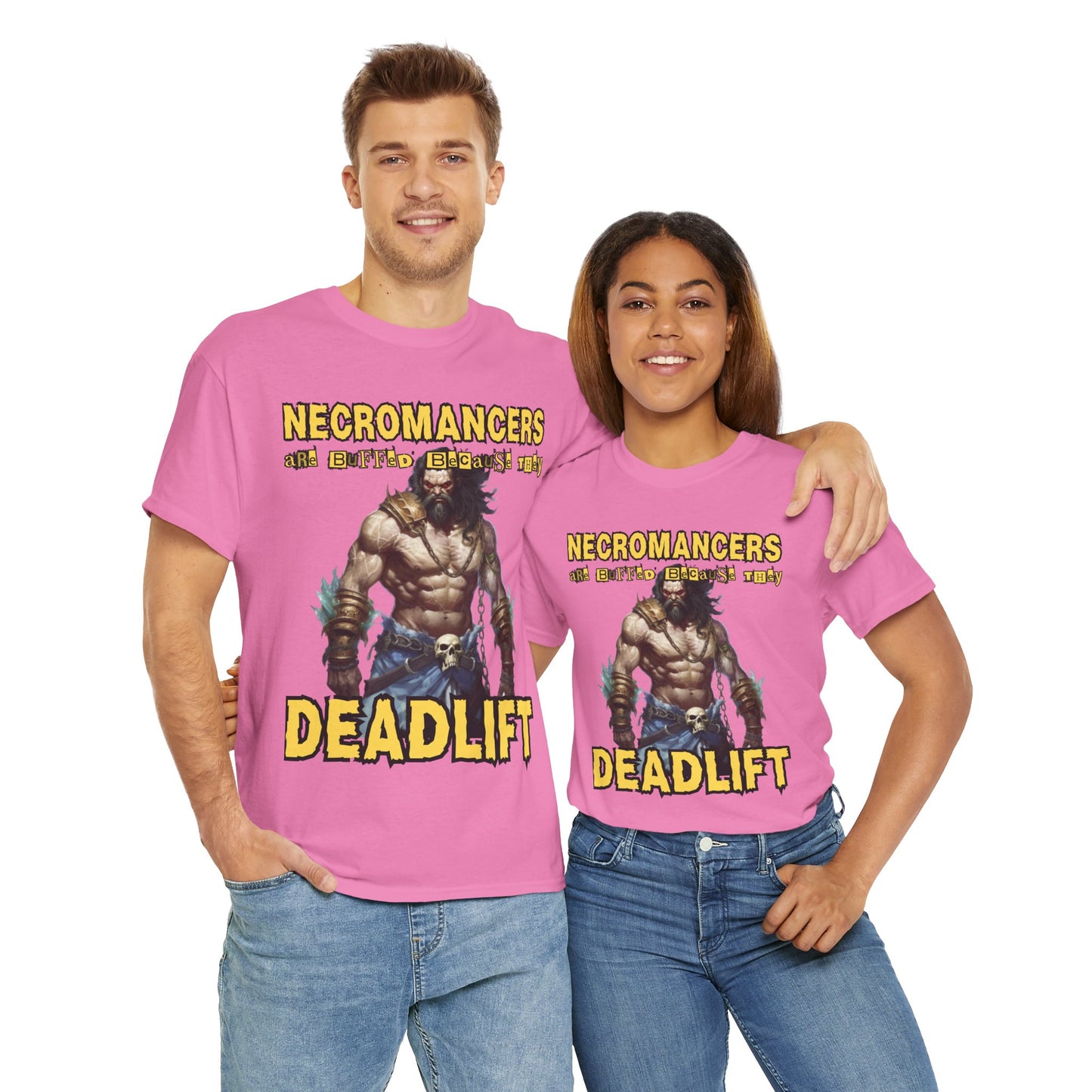 'Necromancers Are Buffed Because They Deadlift' Unisex Heavy Cotton Tee Shirt - RPG, TTRPG, Roleplaying Game, Geek, Nerd, DND