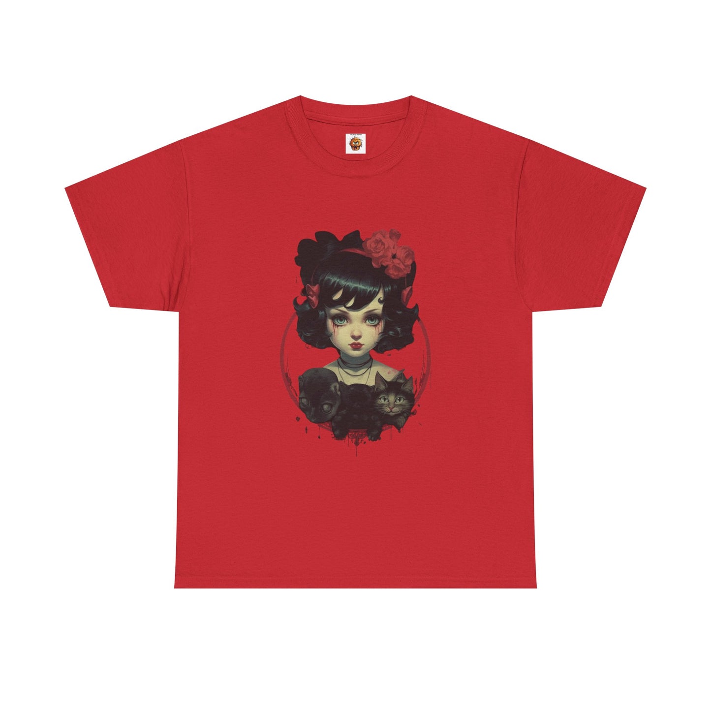 Coquette Gothic Girl With Cat Pets Unisex Heavy Cotton Tee Shirt T-Shirt - Artistic Floral Design, Horror, Scary, Disturbing, Halloween, Geek, Nerd
