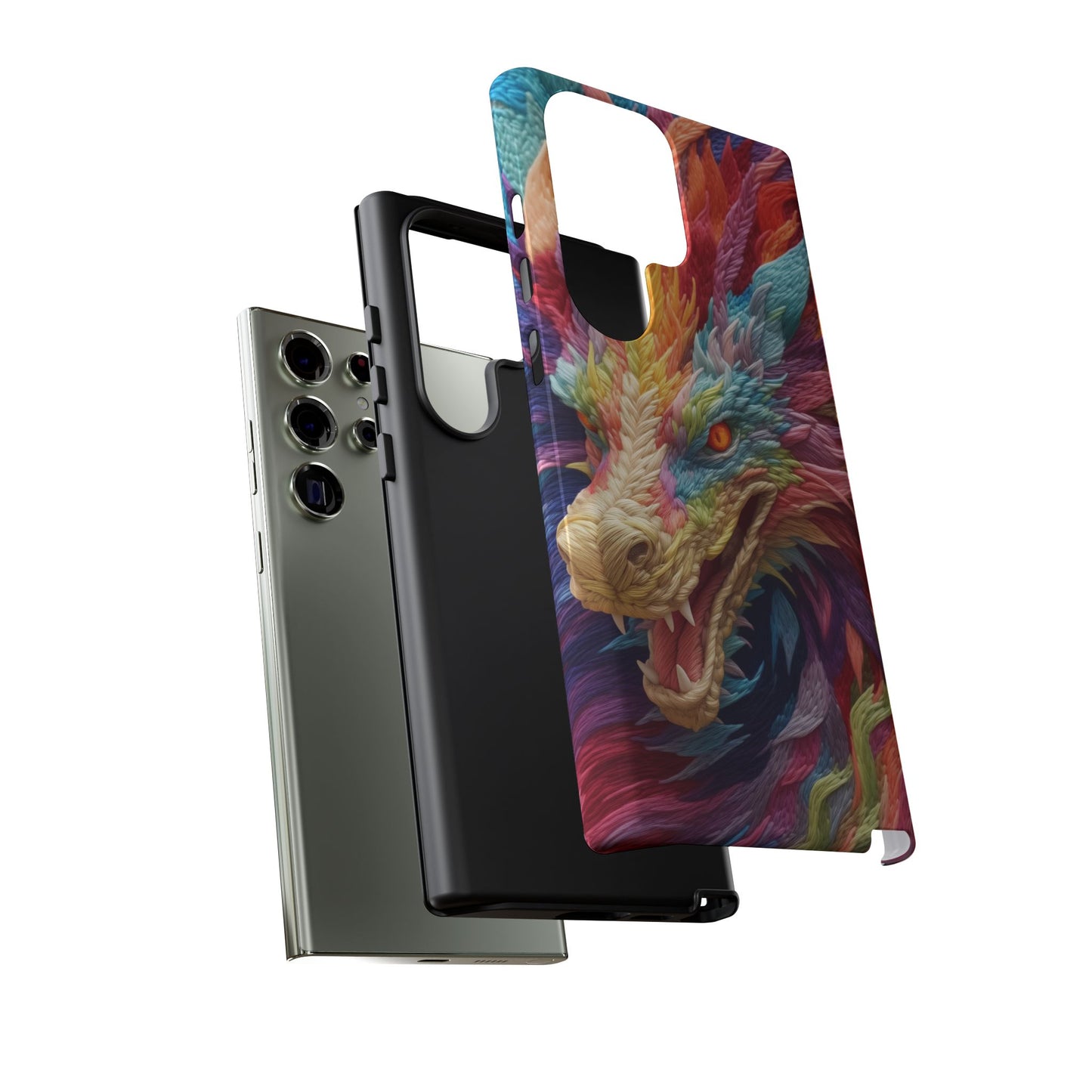 Vibrant 3D Embroidery Embroidered Rainbow Dragon Phone Case - Tough Protection for Fantasy Lovers, DND, RPG, TTRPG, Geek, Nerd