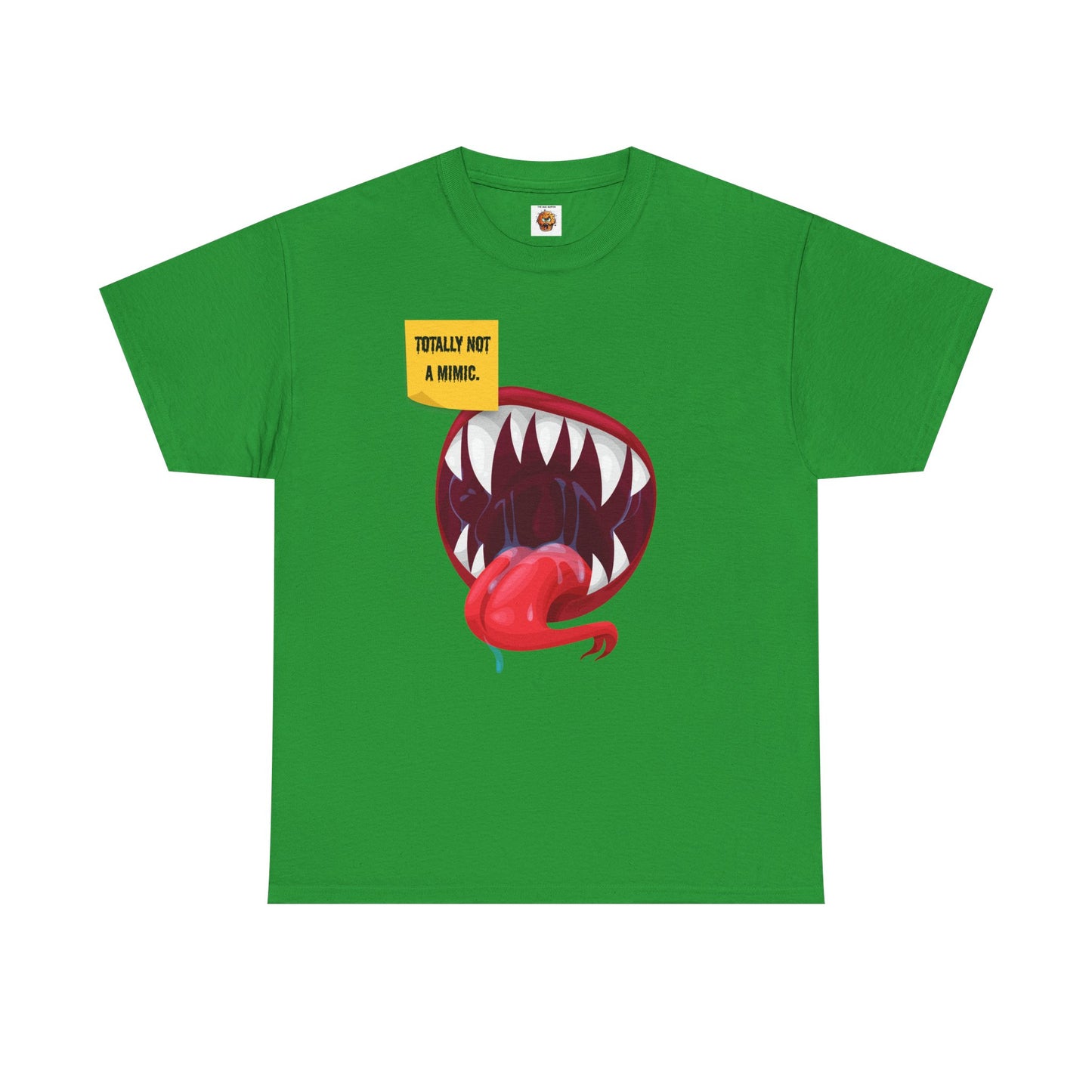 Funny Unisex Heavy Cotton Tee Shirt - "Totally Not a Mimic" Monster Mouth Design, D&D, DND, RPG, TTRPG, Roleplaying, Geek, Nerd, Teeth, Tongue
