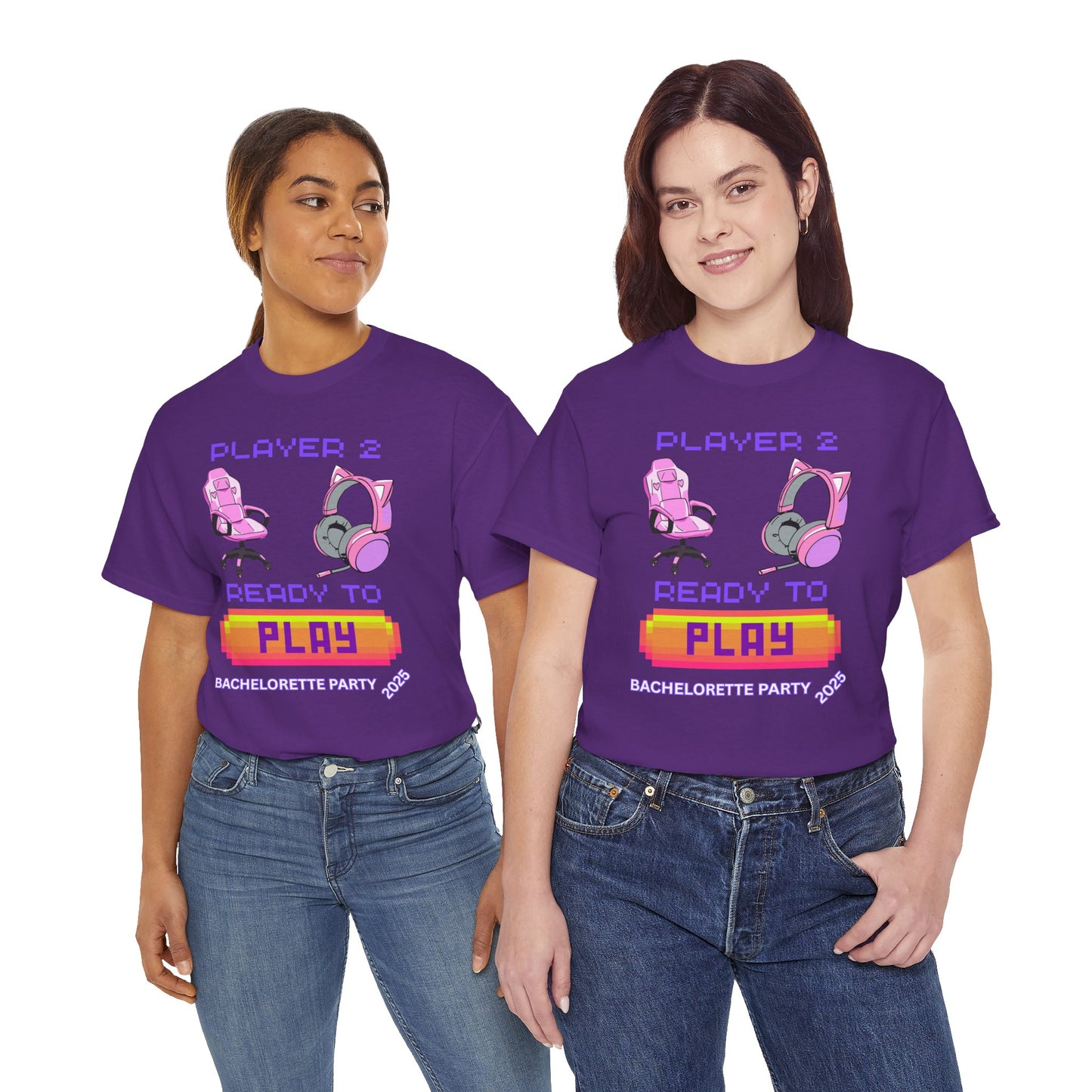 Gamer Girl Bachelorette Party 2025 Tee - 'Player 2 Ready to Play' Unisex Heavy Cotton T-Shirt, Video Game, Gaming, Console, PC, Tech, Geek, Squad, Nerd