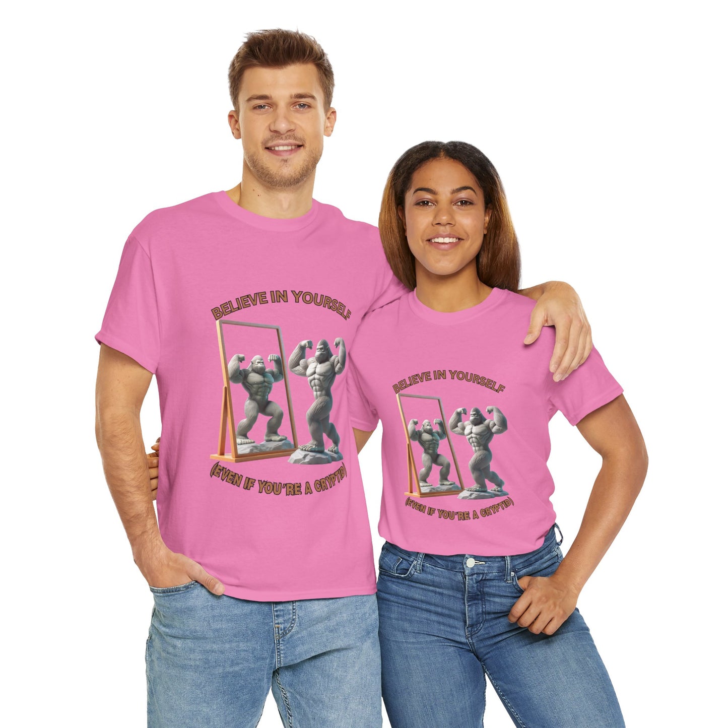 Funny 'Believe In Yourself Even If You're A Cryptid' Bigfoot Motivational Unisex Heavy Cotton Tee | Fitness Inspiration | Gift for Gym Lovers, Paranormal, Aliens, Geek, Nerd
