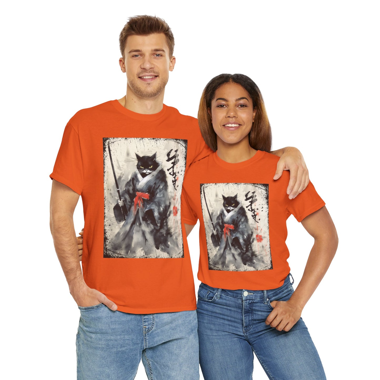 Samurai Cat Vintage Ukiyo-e Warrior Art Unisex Heavy Cotton Tee - Artistic Vintage Design, Japanese Ink Painting, Anime, Weeb, Otaku, Geek, Nerd