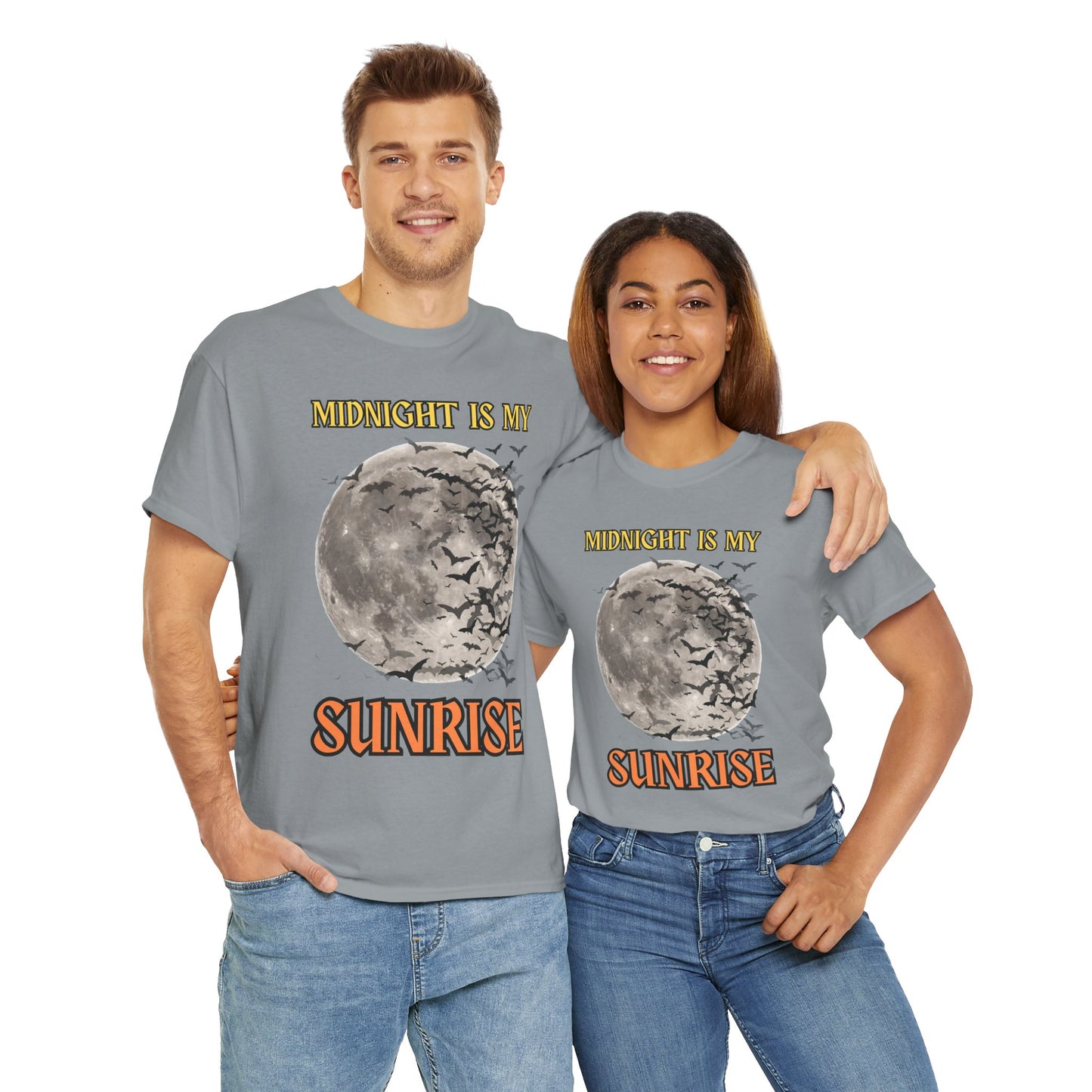 'Midnight is My Sunrise' Unisex Heavy Cotton Tee Shirt - Graphic Tee for Night Owls, Scary, Creepy, Halloween, Gothic, Full Moon, Bats