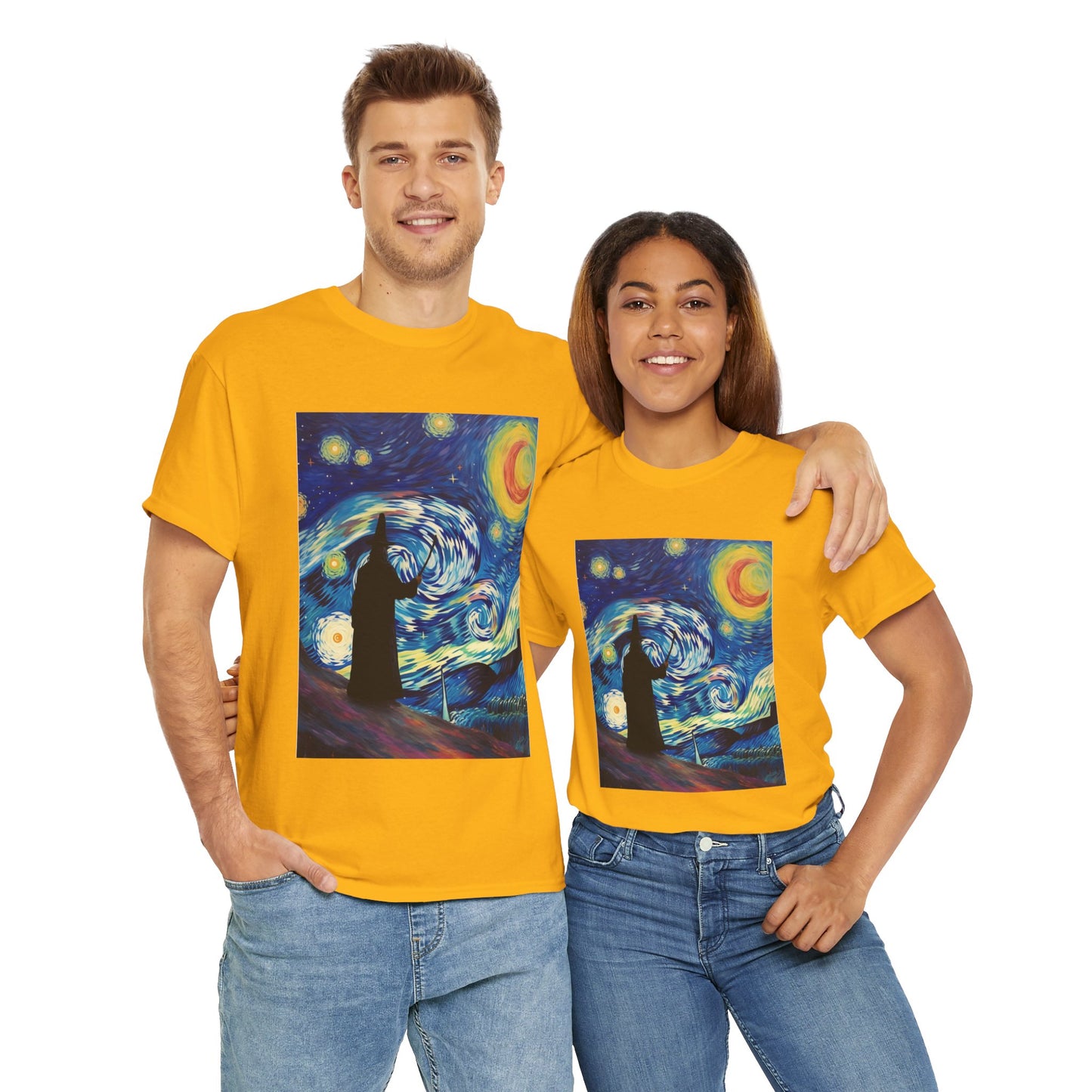 Casting Wizard Starry Night Unisex Heavy Cotton Tee - Artistic Graphic T-Shirt, D&D, DND, Fantasy, Magic, RPG, TTRPG, Geek, Nerd