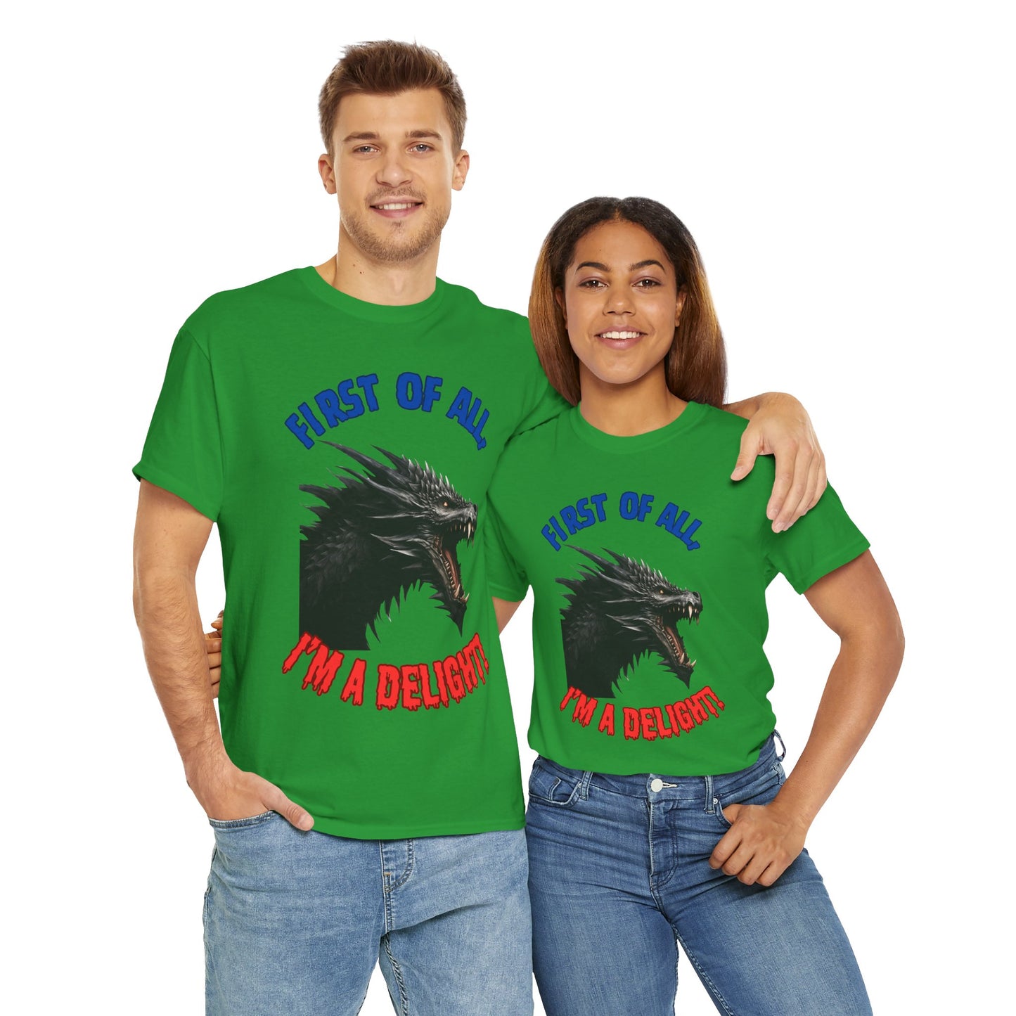 Black Dragon "First of All, I'm a Delight!" Dungeons and Dragons DND Unisex Heavy Cotton Tee Shirt T-Shirt - RPG, TTRPG, Roleplaying, Geek, Nerd