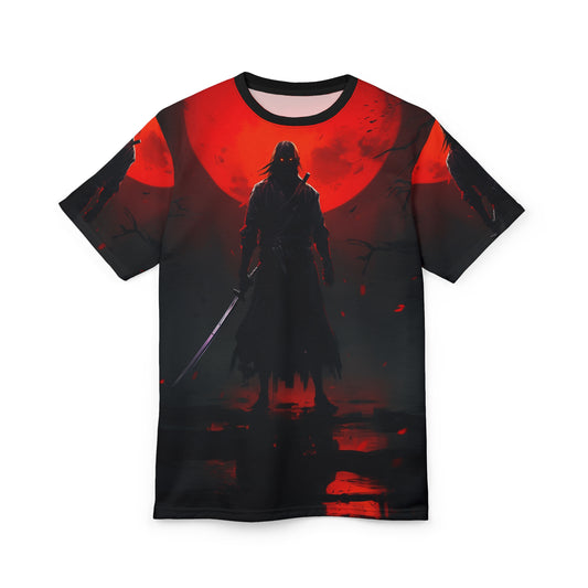 Unisex AOP Graphic Tee - The Cursed Samurai Warrior & Red Moon Design, Ronin, Katana, Japan, Anime, Weeb, Otaku, Manga, Geek, Nerd