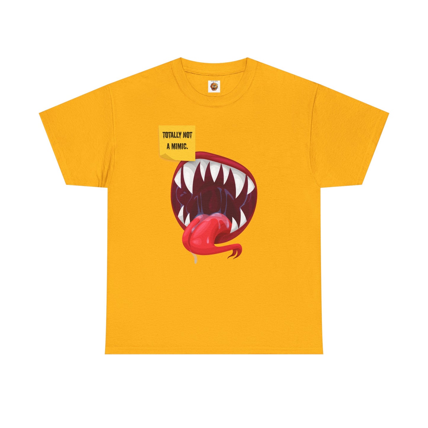 Funny Unisex Heavy Cotton Tee Shirt - "Totally Not a Mimic" Monster Mouth Design, D&D, DND, RPG, TTRPG, Roleplaying, Geek, Nerd, Teeth, Tongue