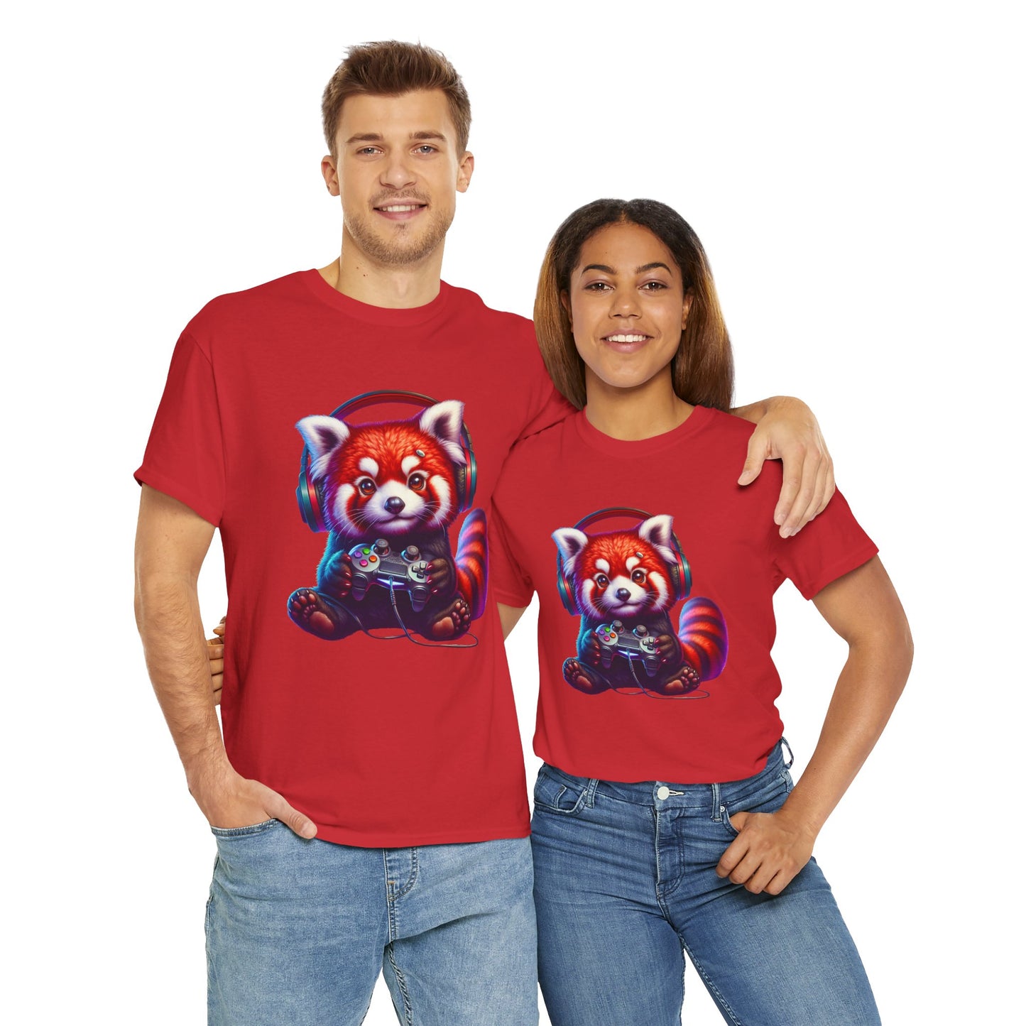 Cute Kawaii Gaming Red Panda Tee - Unisex Heavy Cotton Tee Shirt, Gamer, Anime, Headphones, Earphones, Geek, Nerd