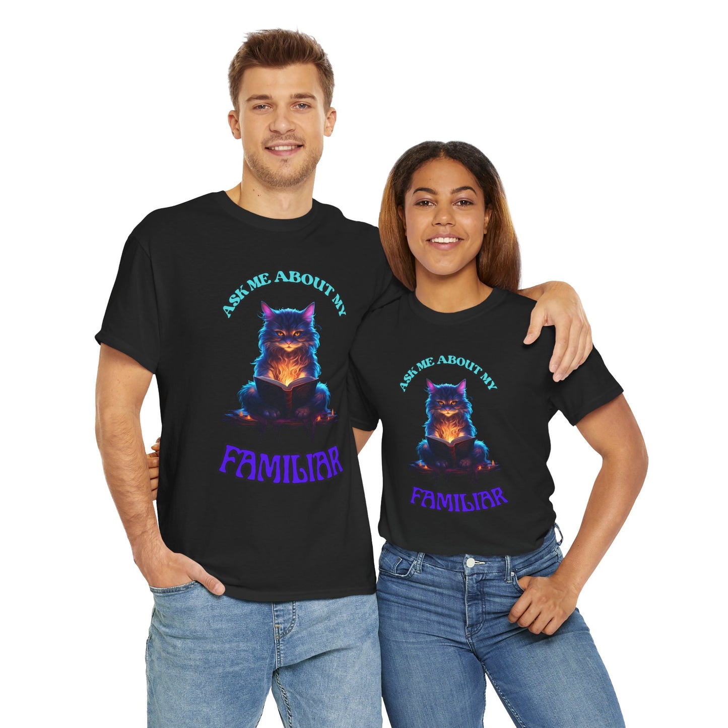 'Ask Me About My Familiar' Mystical Cat Enamel Tee, Cute Animal T-Shirt, Gift for Cat Lovers, Fun Graphic Tee, Witch, DND, RPG, TTRPG, Geek, Nerd