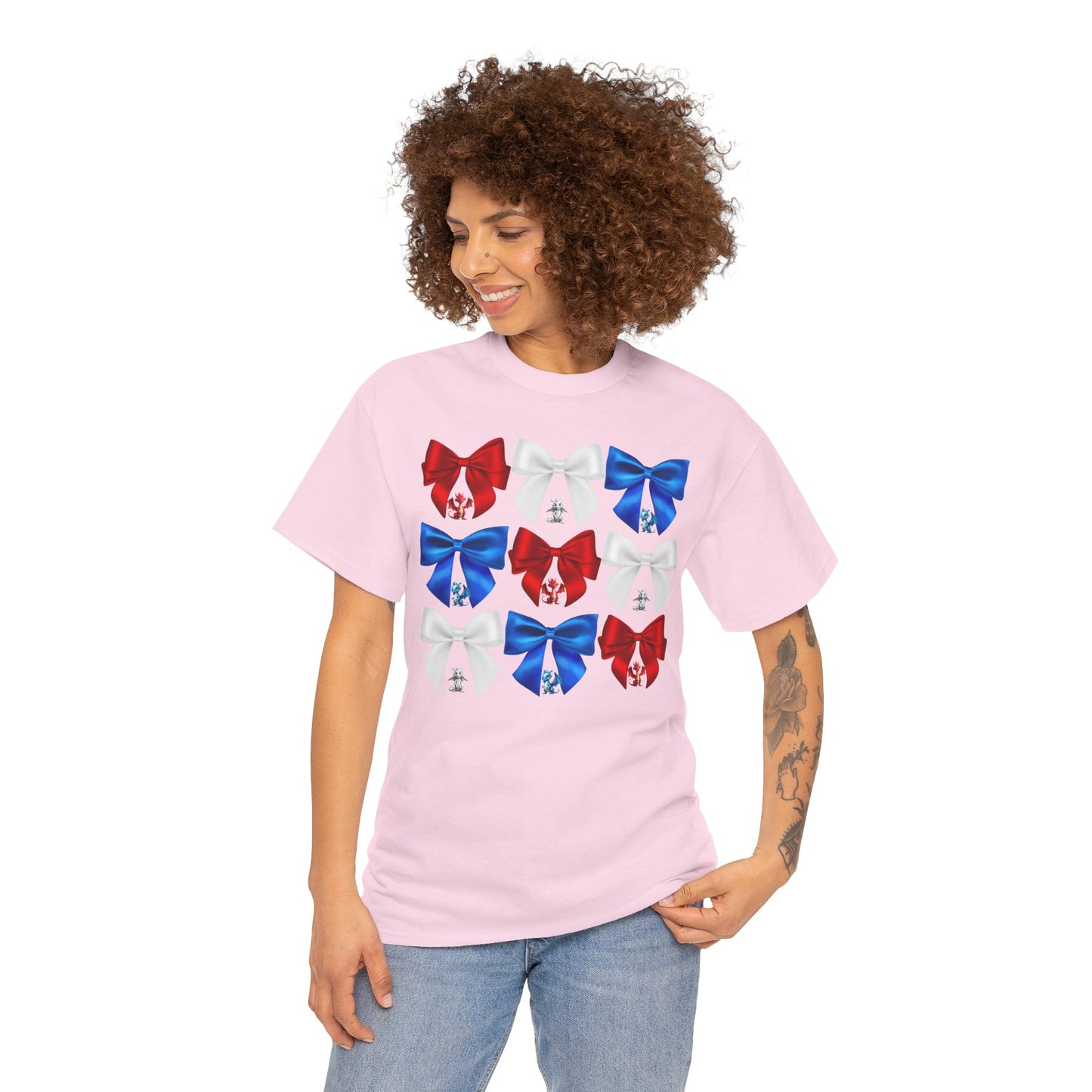 Coquette Red, White, and Blue Dragons & Bows Tee - American Flag, Perfect for Patriotic Events, Independence Day, BBQs, Family Gatherings, DND, RPG, TTRPG, Roleplaying, Geek, Nerd, 4th of July