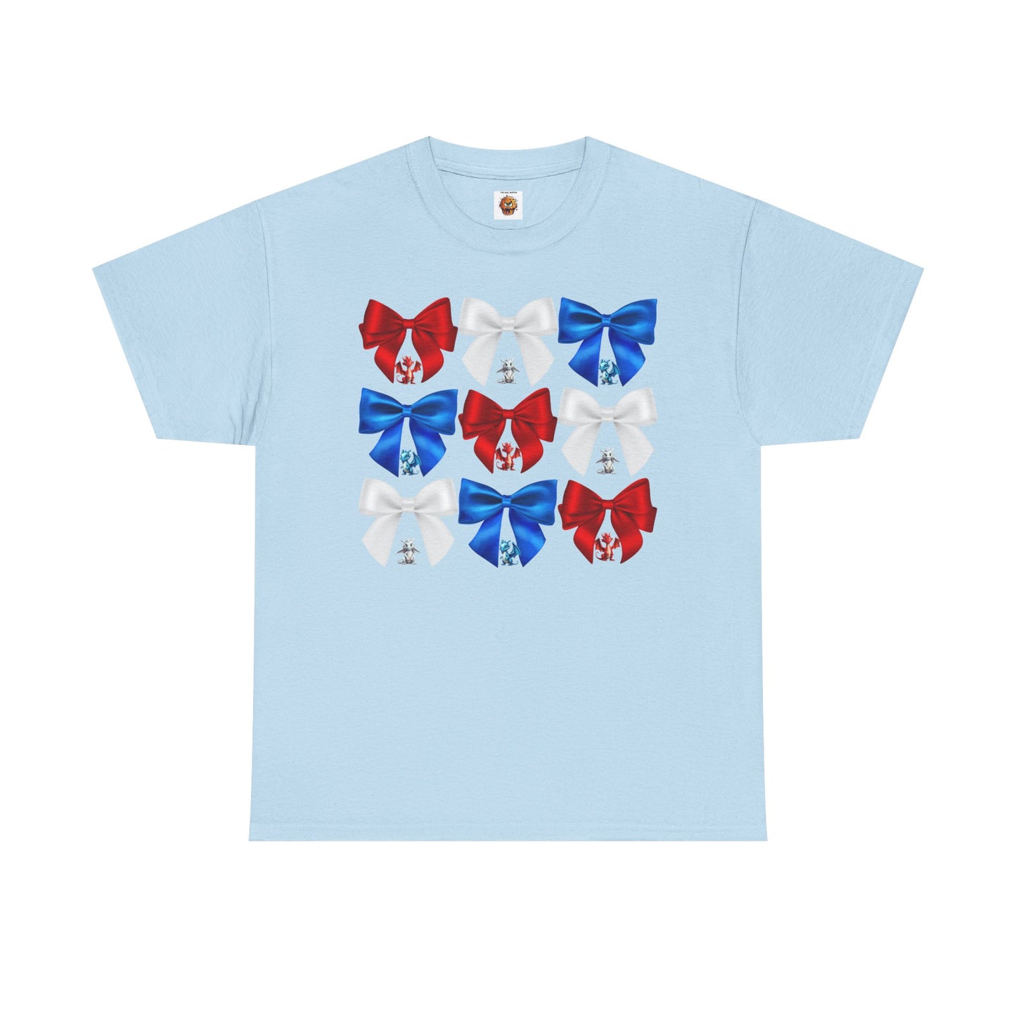 Coquette Red, White, and Blue Dragons & Bows Tee - American Flag, Perfect for Patriotic Events, Independence Day, BBQs, Family Gatherings, DND, RPG, TTRPG, Roleplaying, Geek, Nerd, 4th of July
