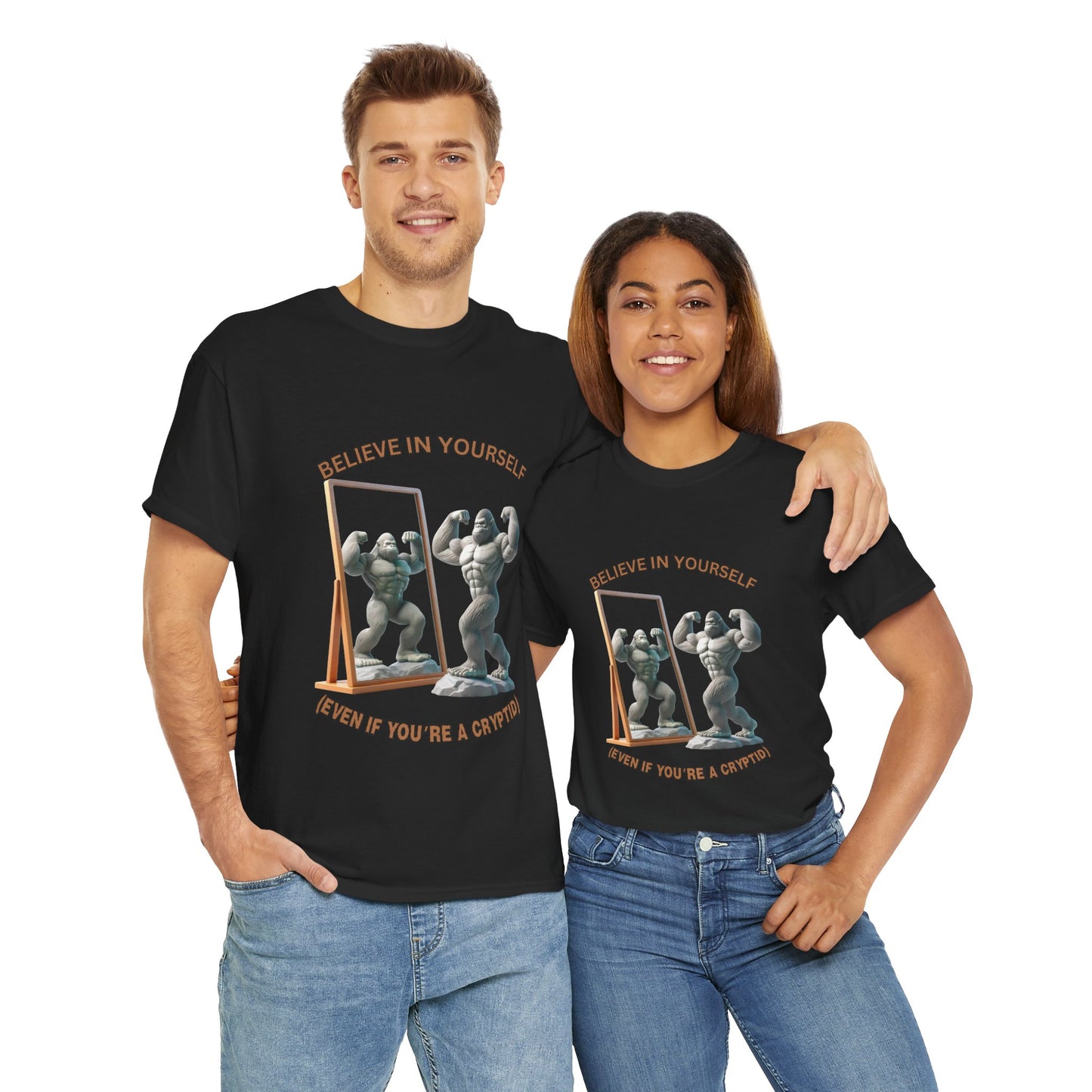 Funny 'Believe In Yourself Even If You're A Cryptid' Bigfoot Motivational Unisex Heavy Cotton Tee | Fitness Inspiration | Gift for Gym Lovers, Paranormal, Aliens, Geek, Nerd