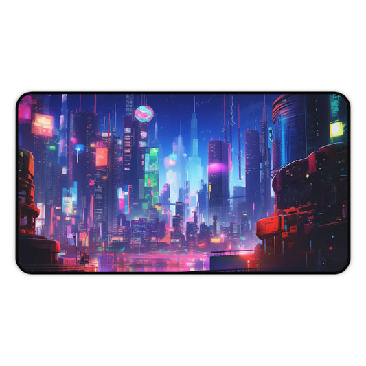 Futuristic Cityscape Cyberpunk Skyline Desk Mat - Perfect for Gamers and Professionals, Geek, Nerd, Neon Color