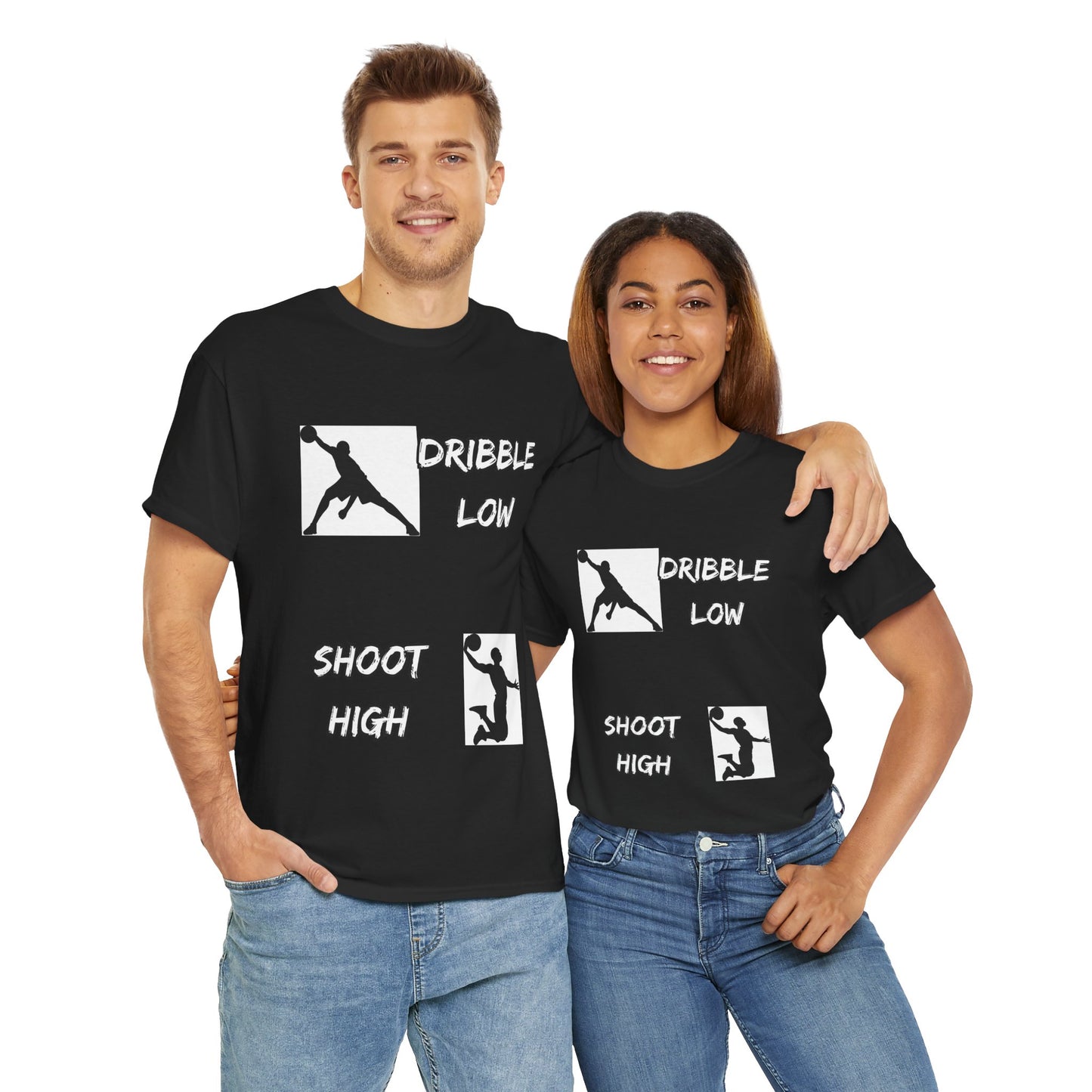 'Dribble Low, Shoot High' Motivational Basketball Tee - Unisex Heavy Cotton, Sportswear, Gift for Athletes, Casual Style, Basketball Fan Apparel, Player, Silhouette