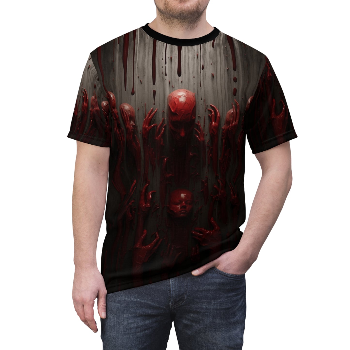 The Mirror Realm Blood Hands and Faces AOP Unisex Tee - Edgy Graphic Shirt for Horror Fans, Scary, Creepy, Halloween, Gothic