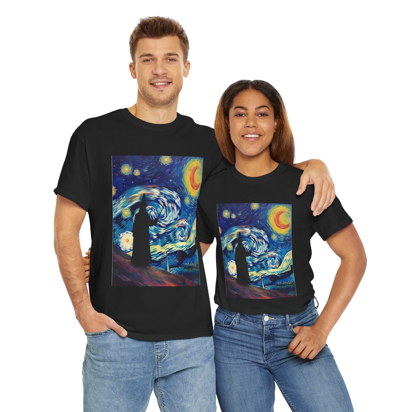 Casting Wizard Starry Night Unisex Heavy Cotton Tee - Artistic Graphic T-Shirt, D&D, DND, Fantasy, Magic, RPG, TTRPG, Geek, Nerd