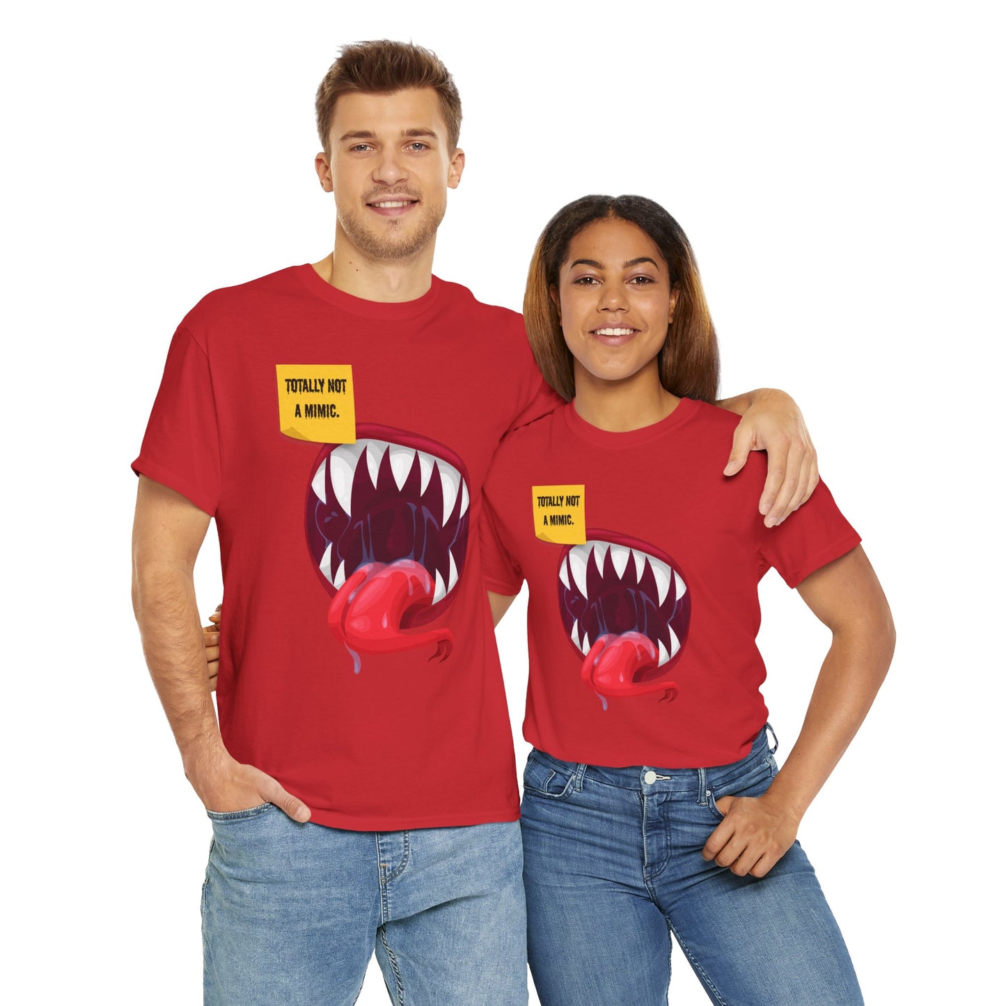 Funny Unisex Heavy Cotton Tee Shirt - "Totally Not a Mimic" Monster Mouth Design, D&D, DND, RPG, TTRPG, Roleplaying, Geek, Nerd, Teeth, Tongue