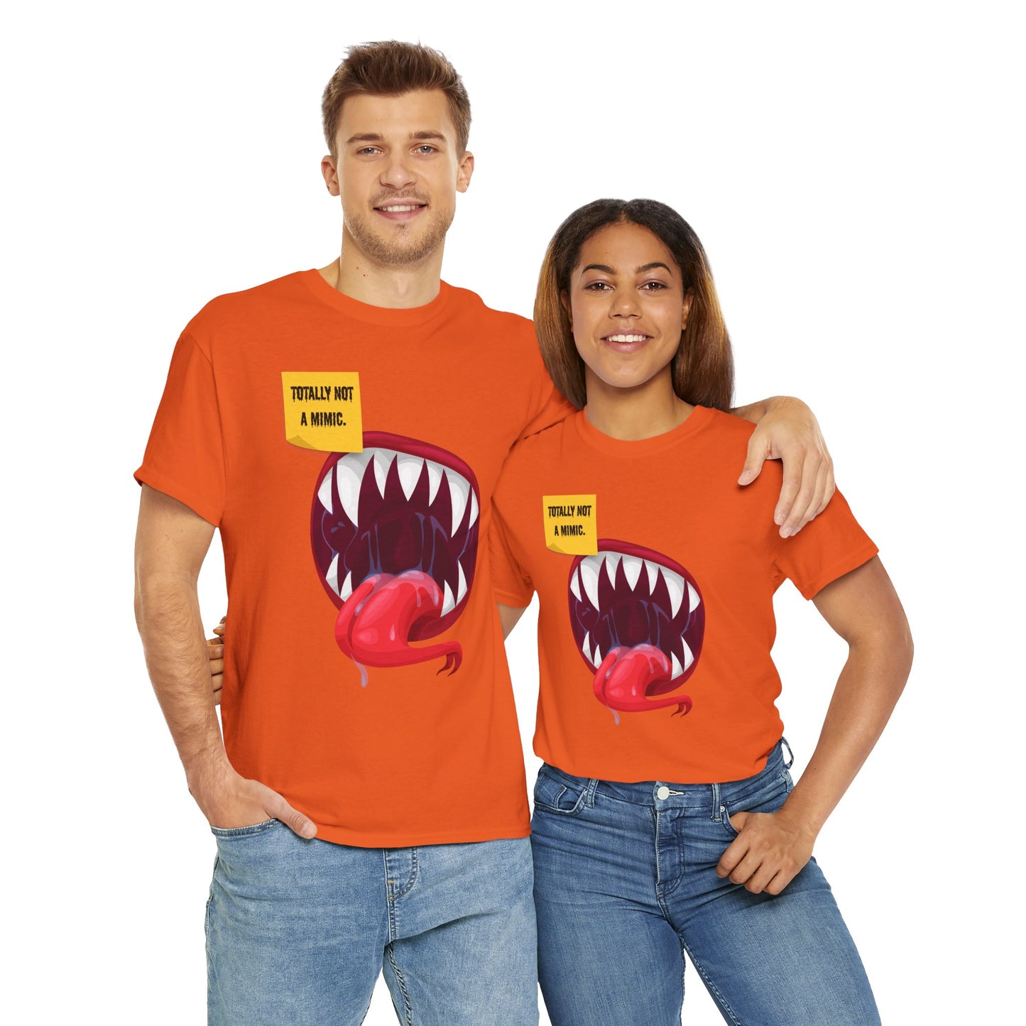 Funny Unisex Heavy Cotton Tee Shirt - "Totally Not a Mimic" Monster Mouth Design, D&D, DND, RPG, TTRPG, Roleplaying, Geek, Nerd, Teeth, Tongue