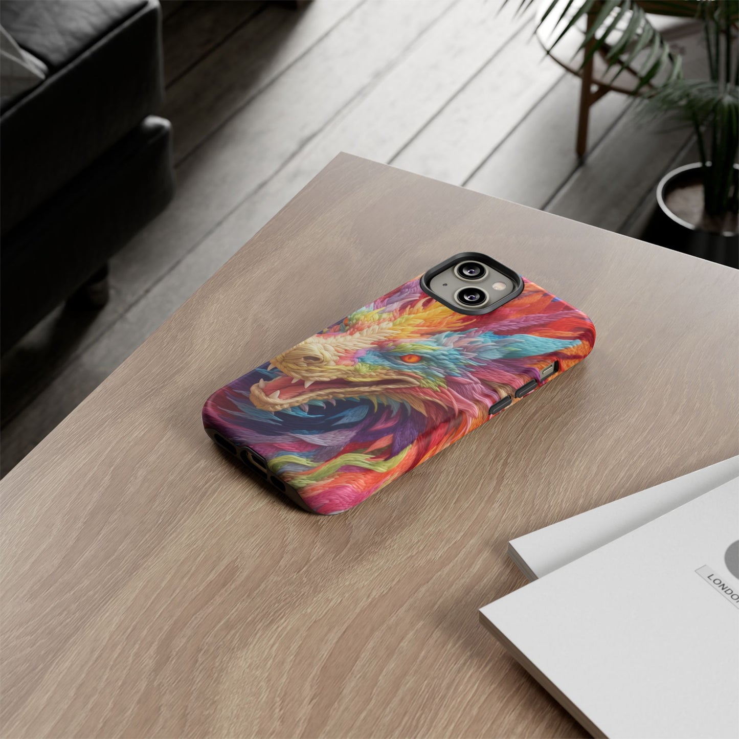 Vibrant 3D Embroidery Embroidered Rainbow Dragon Phone Case - Tough Protection for Fantasy Lovers, DND, RPG, TTRPG, Geek, Nerd