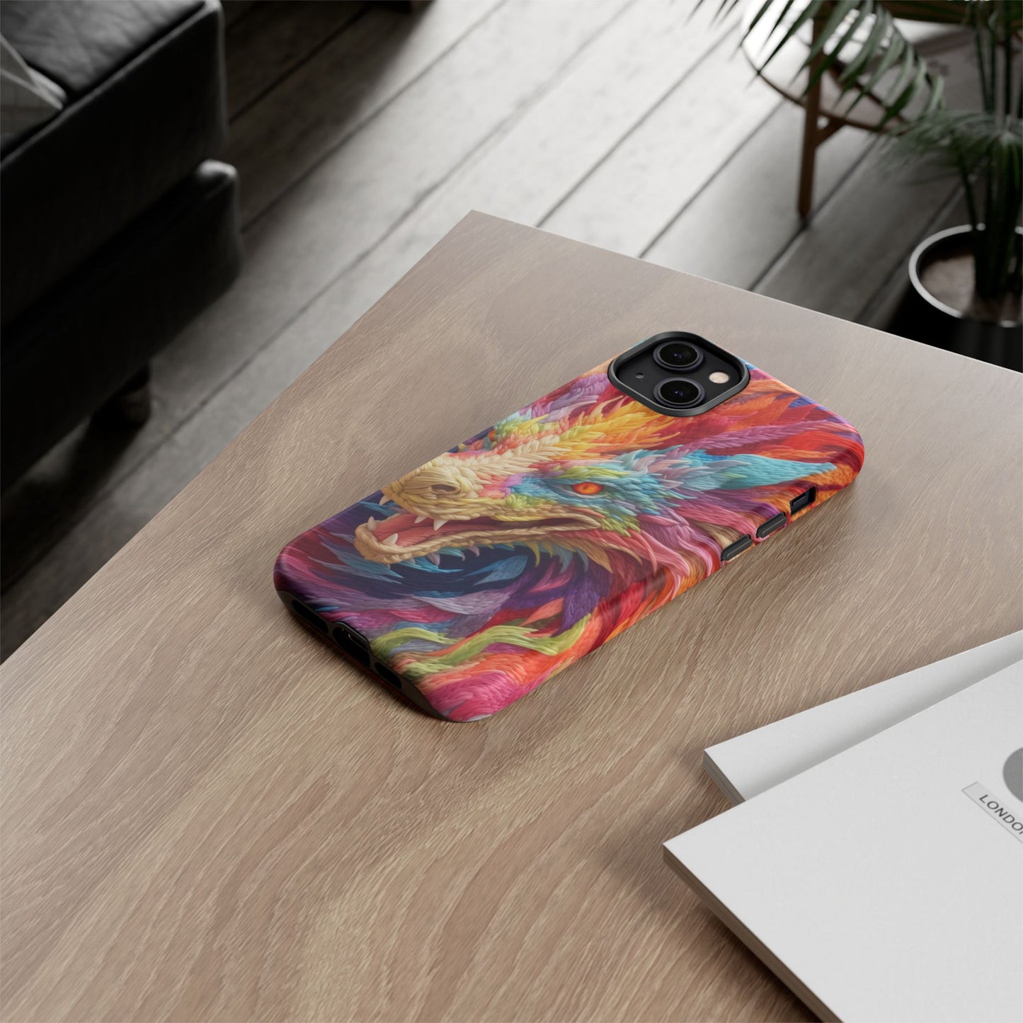 Vibrant 3D Embroidery Embroidered Rainbow Dragon Phone Case - Tough Protection for Fantasy Lovers, DND, RPG, TTRPG, Geek, Nerd