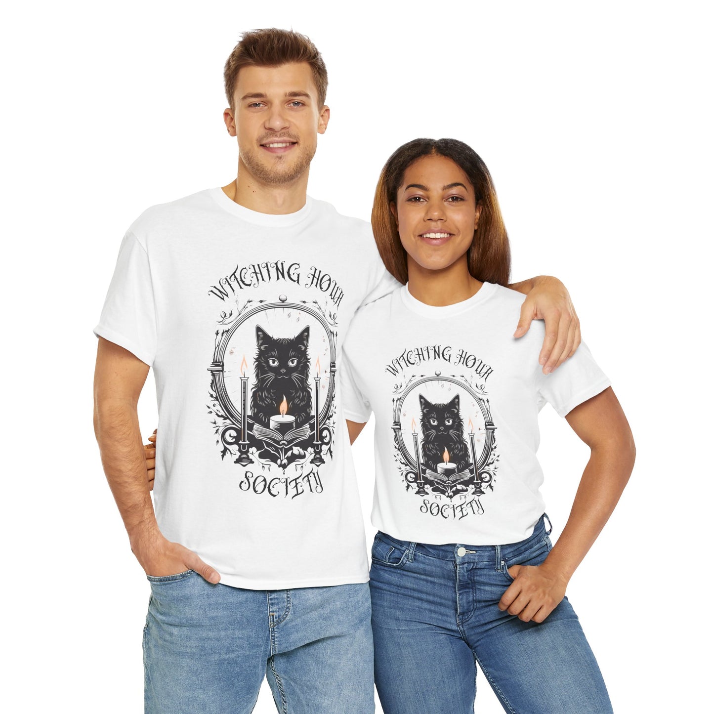 'Witching Hour Society' Cat Cat Tee Shirt- Unisex Heavy Cotton T-Shirt for Book Lovers, Reader, Gothic, Midnight, Scary, Creepy, Halloween