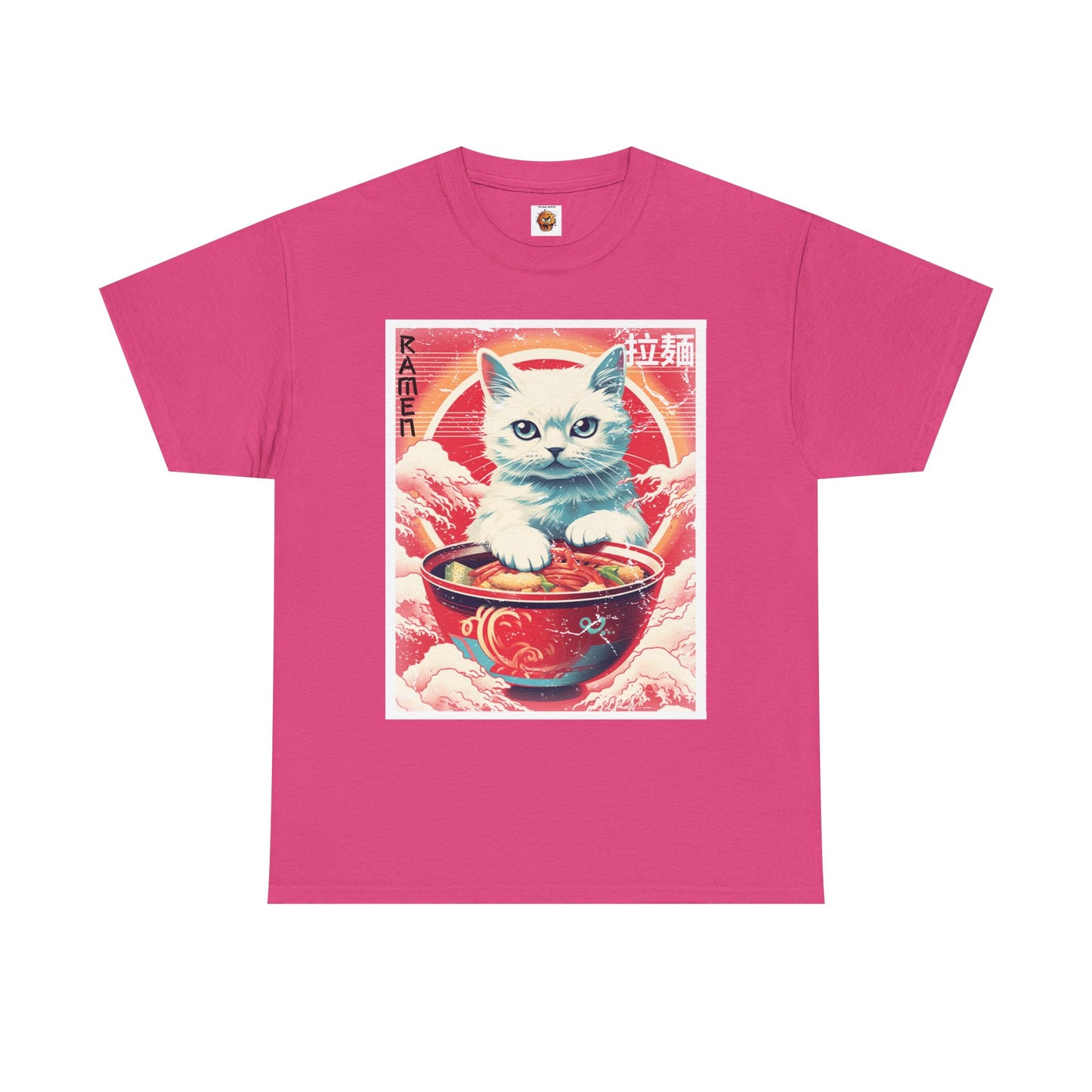 Cute Kawaii Anime Cat Eating Ramen Unisex Heavy Cotton Tee Shirt T-Shirt - Perfect for Animal Lovers and Foodies, Vintage Ad Style, Geek, Nerd