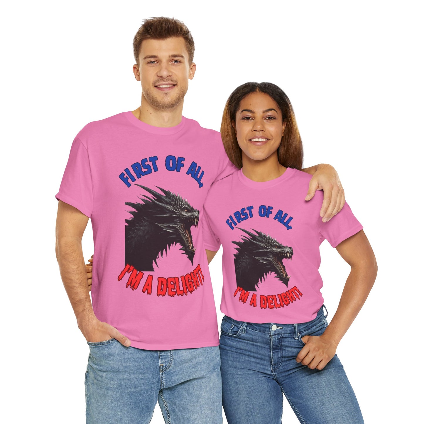 Black Dragon "First of All, I'm a Delight!" Dungeons and Dragons DND Unisex Heavy Cotton Tee Shirt T-Shirt - RPG, TTRPG, Roleplaying, Geek, Nerd
