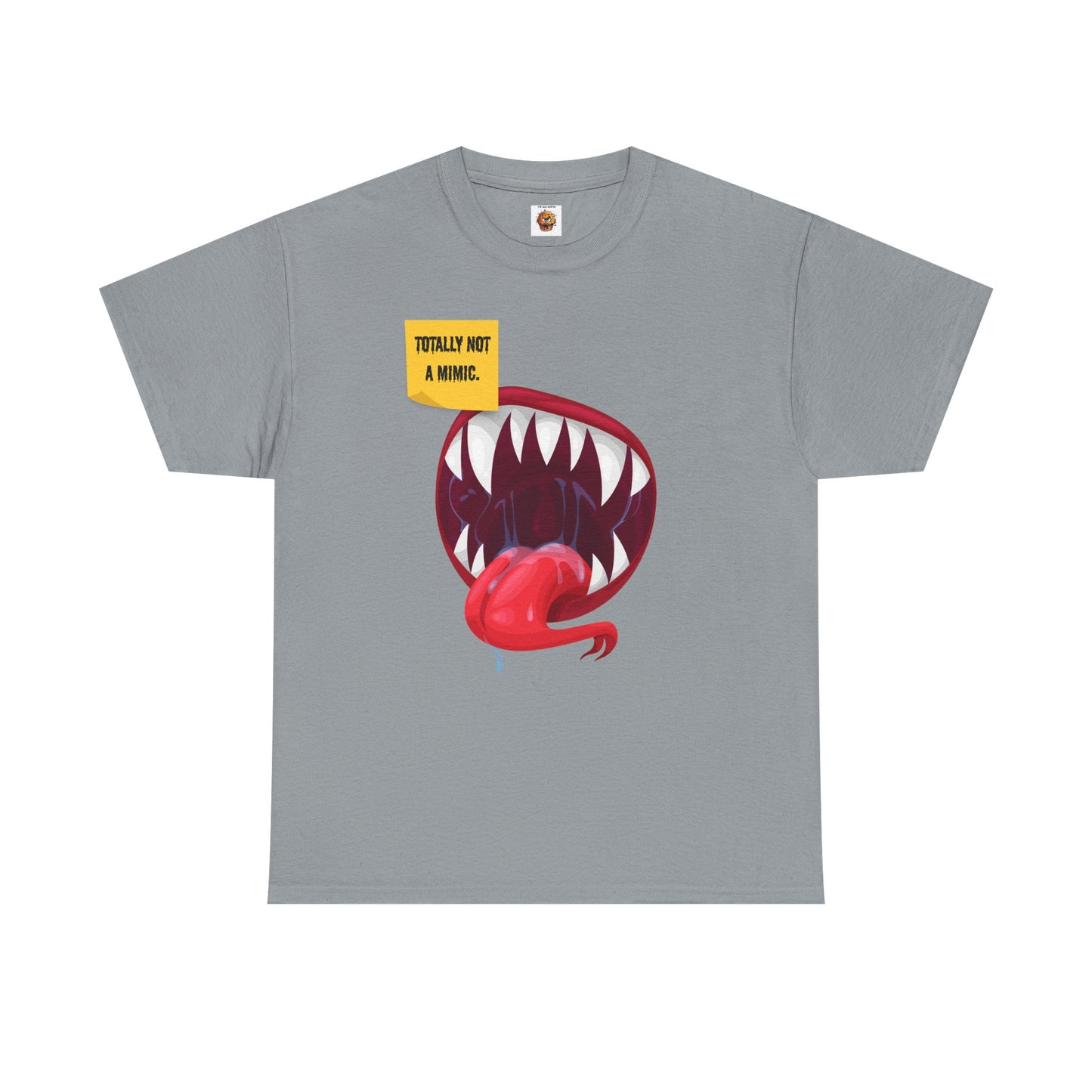 Funny Unisex Heavy Cotton Tee Shirt - "Totally Not a Mimic" Monster Mouth Design, D&D, DND, RPG, TTRPG, Roleplaying, Geek, Nerd, Teeth, Tongue