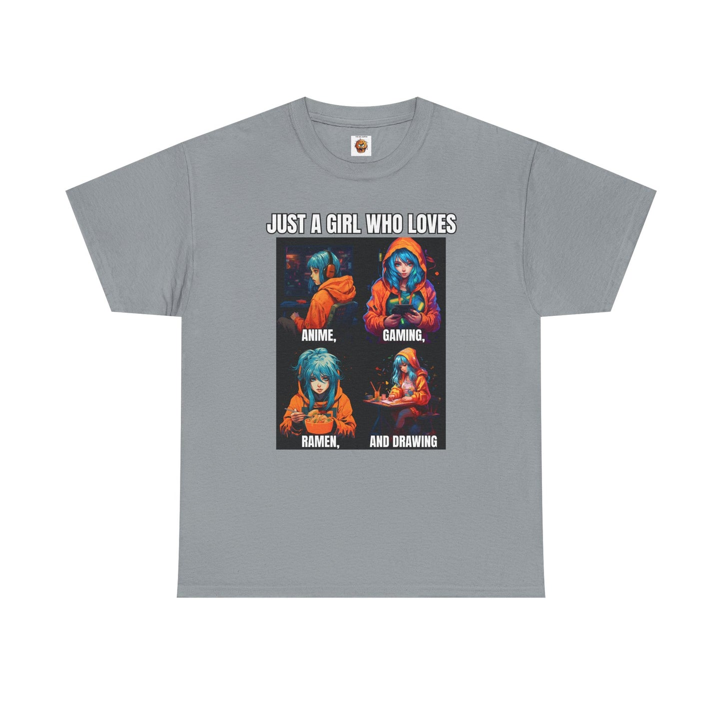 'Just a Girl Who Loves Anime, Gaming, Ramen, and Drawing' Unisex Heavy Cotton Tee - Waifu, Video Game, Gamer, Gamer Girl, Sketching, Weeb, Otaku, Geek, Nerd