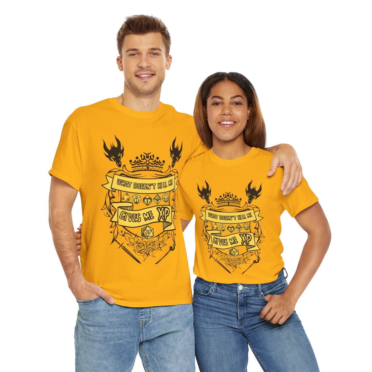 'What Doesn't Kill Me Gives Me XP' Dungeons and Dragons DND Unisex Heavy Cotton Tee Shirt T-Shirt - RPG, TTRPG, Roleplaying, Geek, Nerd