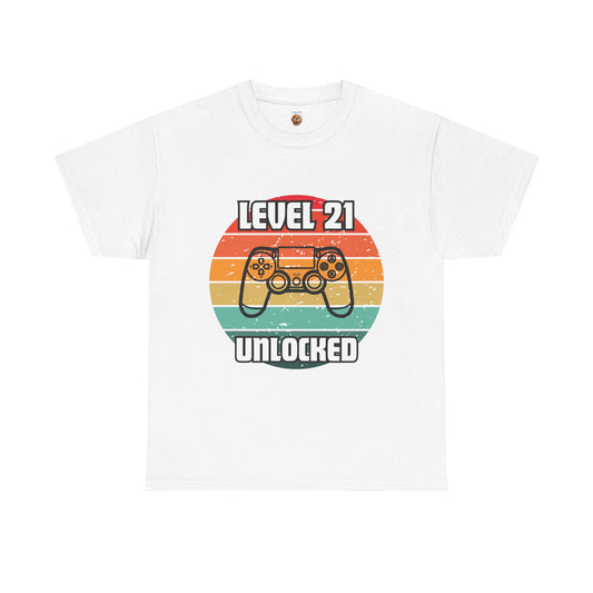 Gaming Level 21 Unlocked Tee - Unisex Heavy Cotton T-Shirt, Video Game, Gamer, Happy Birthday Shirt, Geek, Nerd, Retro