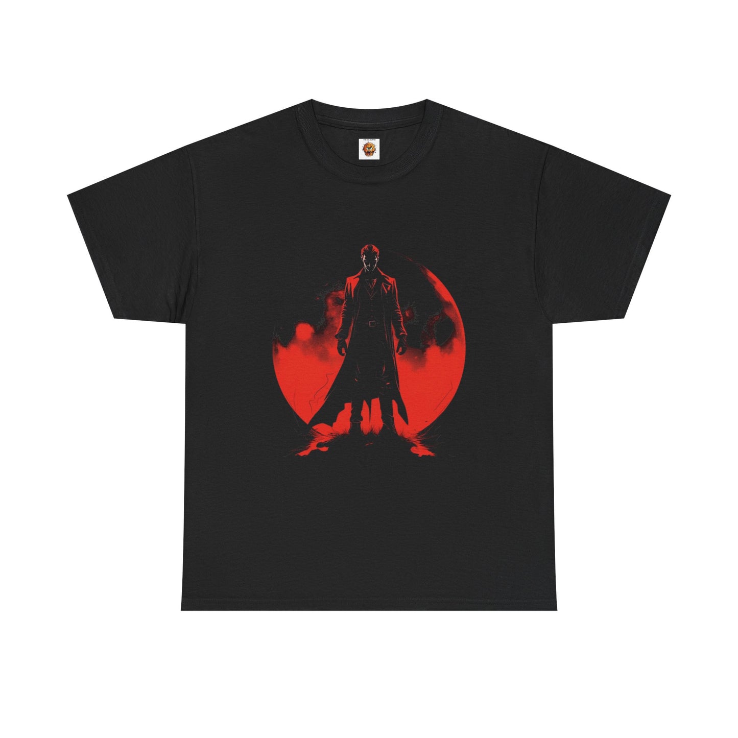 Eternal Night 001 Unisex Heavy Cotton Tee Shirt T-Shirt - Bold Red Shadow Design for Vampire Fans, Classic, Blood Red Moon, Dracula, Halloween, Scary