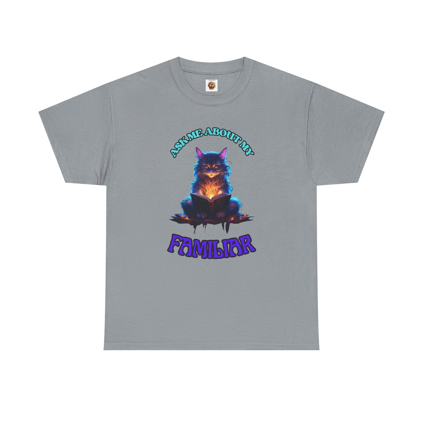 'Ask Me About My Familiar' Mystical Cat Enamel Tee, Cute Animal T-Shirt, Gift for Cat Lovers, Fun Graphic Tee, Witch, DND, RPG, TTRPG, Geek, Nerd