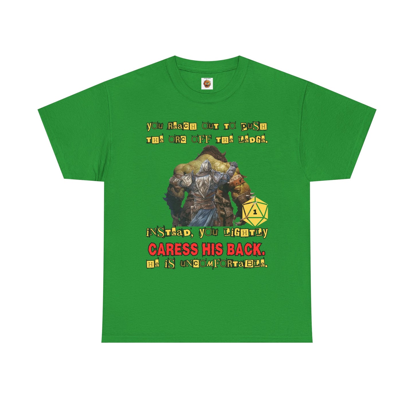 Funny Dungeons & Dragons DND Unisex Heavy Cotton Tee Shirt - 'You Reach Out to Push the Orc Off the Ledge', D20, RPG, TTRPG, Roleplaying, Geek, Nerd